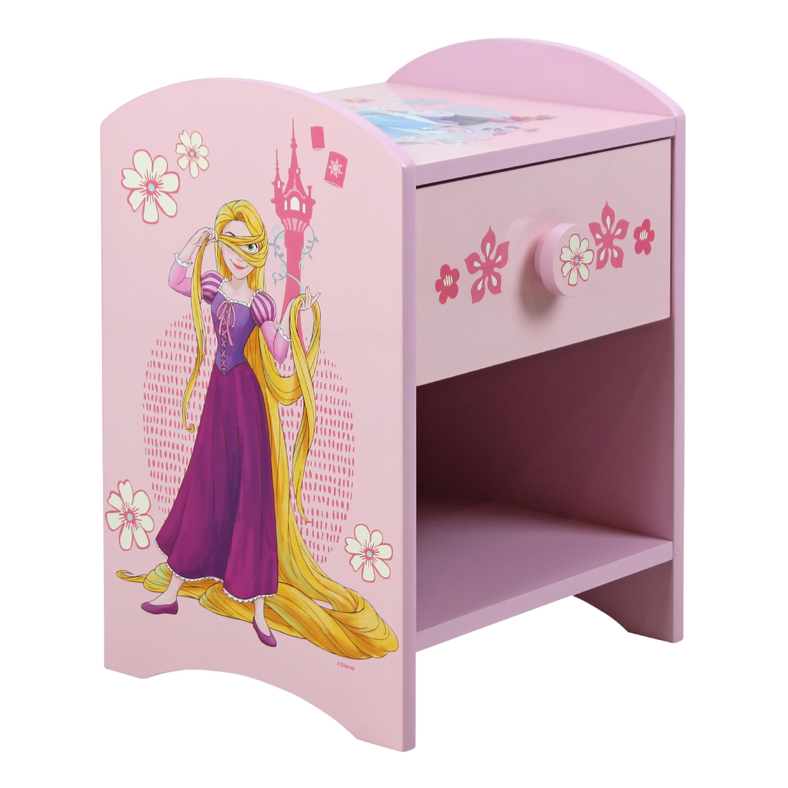 Disney Princess Moana et Raiponce Table de Chevet : Construction Robuste en Bois avec Un Design à 2 Niveaux, Petite Table d’appoint avec tiroir et étagère de Rangement pour Chambre d’Enfant