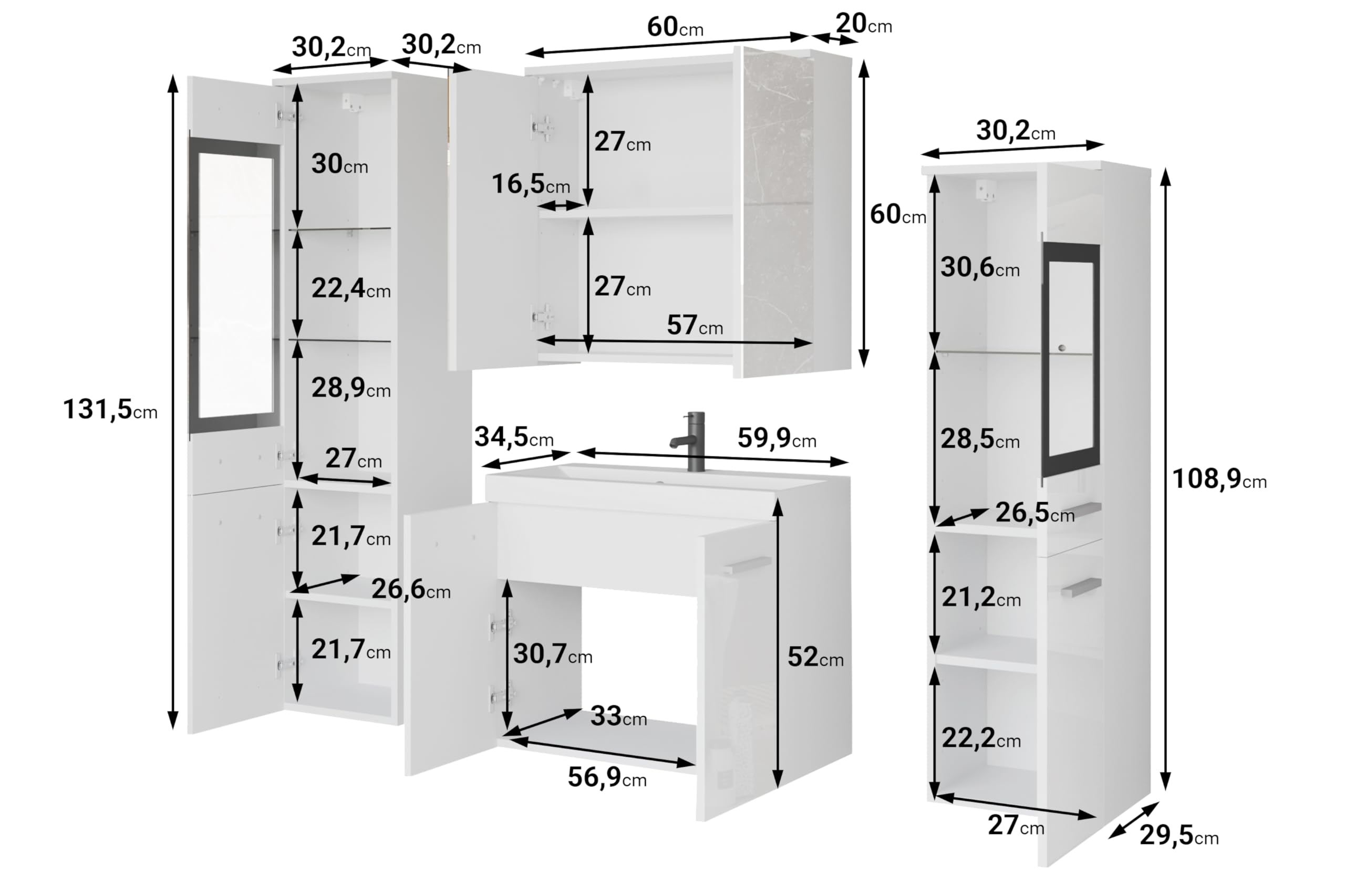 MINIO go for it - Badezimmermöbel Set Marit 2 Wandspiegelschrank ohne LED | Schrank mit Waschbecken, Farbe: Weiß Matt / Weiß Hochglanz