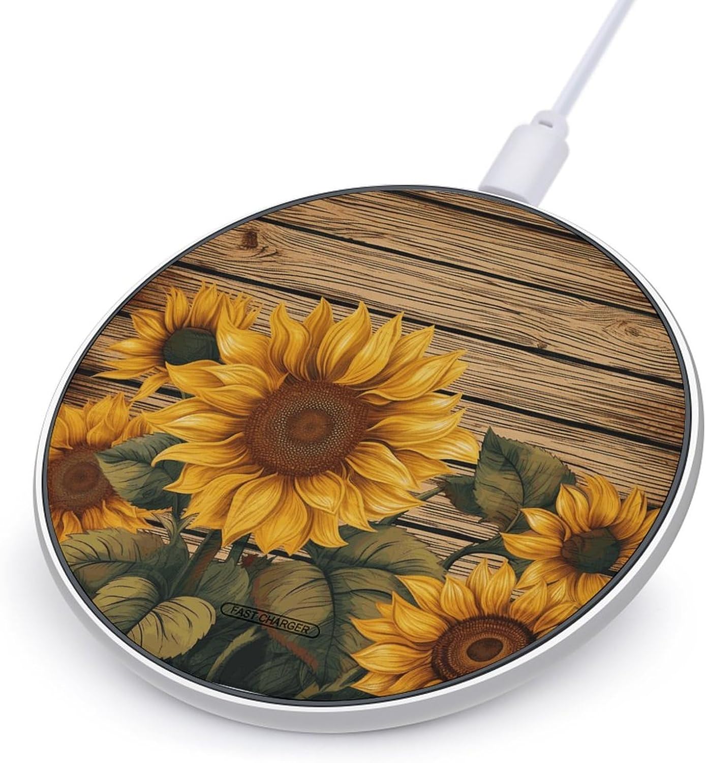 Paint Wooden Board Sunflower Wireless Charger 10W Fast Charging Pad Anti-Slip Qi Certified Wireless Charging Pad Charging Station Portable Phone Charger for All Wireless Charging Smartphone