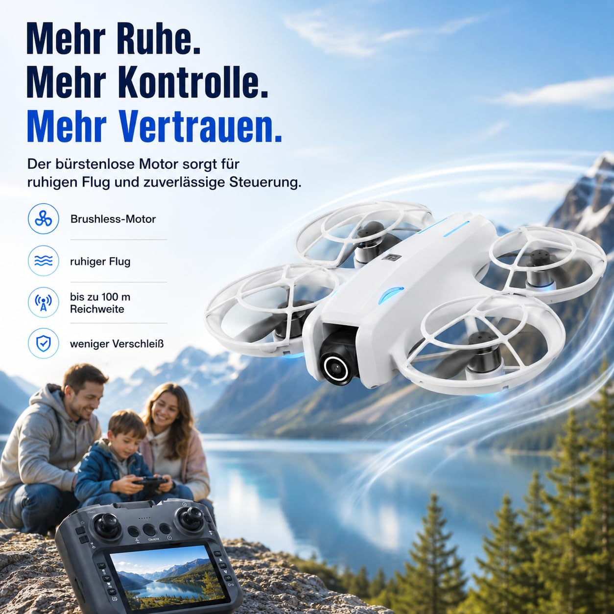 Mini Drohne mit 1080p HD Kamera & WiFi FPV, 5,6" Display Fernsteuerung, Optical Flow Stabilisierung, Auto Return, Bürstenloser Motor, 2 Akkus, 100 m Reichweite, Indoor & Outdoor