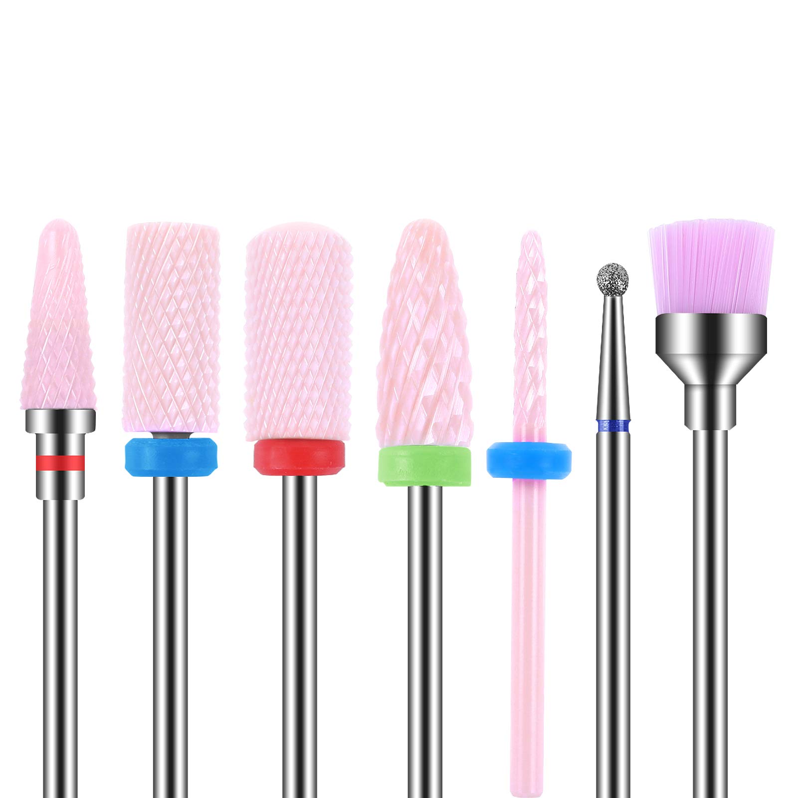 MAQUITA 7 Pieces Ceramic Nail Mill Bits Professional Remove Gel Acrylic Cuticle Diamond Tungsten Carbide Nail Drill Tools for Manicure Pedicure Home Use Great Gift (Pink)