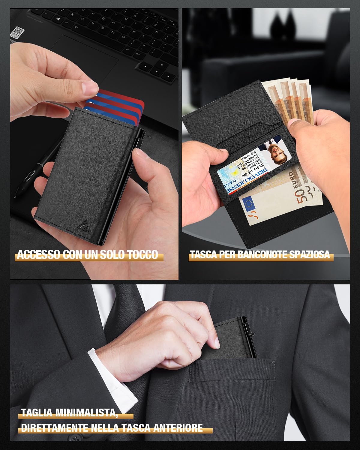 Porta Carte di Credito Uomo, Portafoglio Uomo Slim Piccolo con Chiusura Magnetica & Finestra ID & Blocco RFID, Portacarte in Pelle pop-up per 11 carte, Porta Tessere con Portamonete e Banconote, Nero