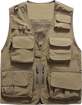 Flygo Mens Casual Lightweight Outdoor Fishing Work Safari Travel Photo Cargo Vest Jacket Multi Pockets