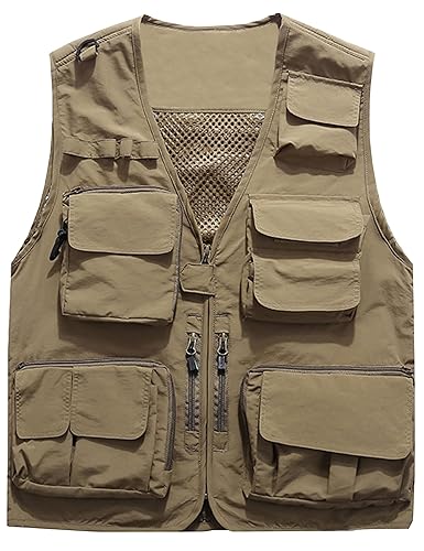 Flygo Men's Casual Lightweight Outdoor Fishing Work Safari Travel Photo Cargo Vest Jacket Multi Pockets