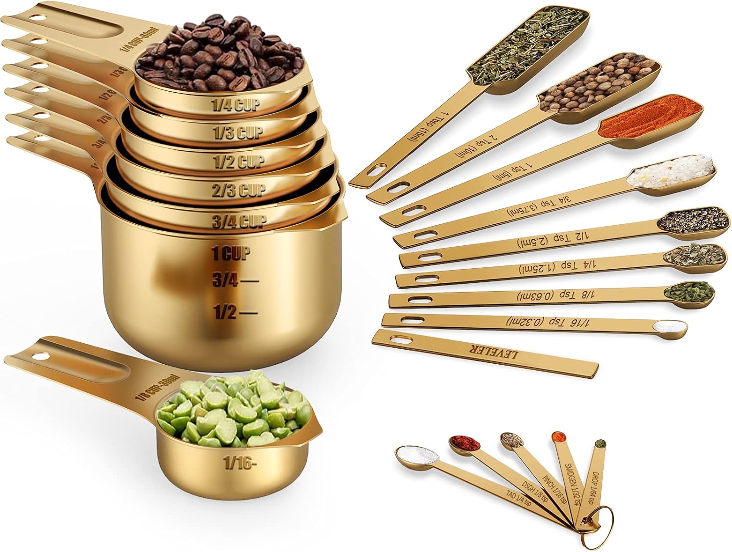 Wildone Copper Plated Measuring Cups & Spoons Set of 21 - Includes 7 Stainless Steel Nesting Measuring Cups, 8 Measuring Spoons, 1 Leveler & 5 Mini Measuring Spoons, Ideal for Dry & Liquid Ingredients