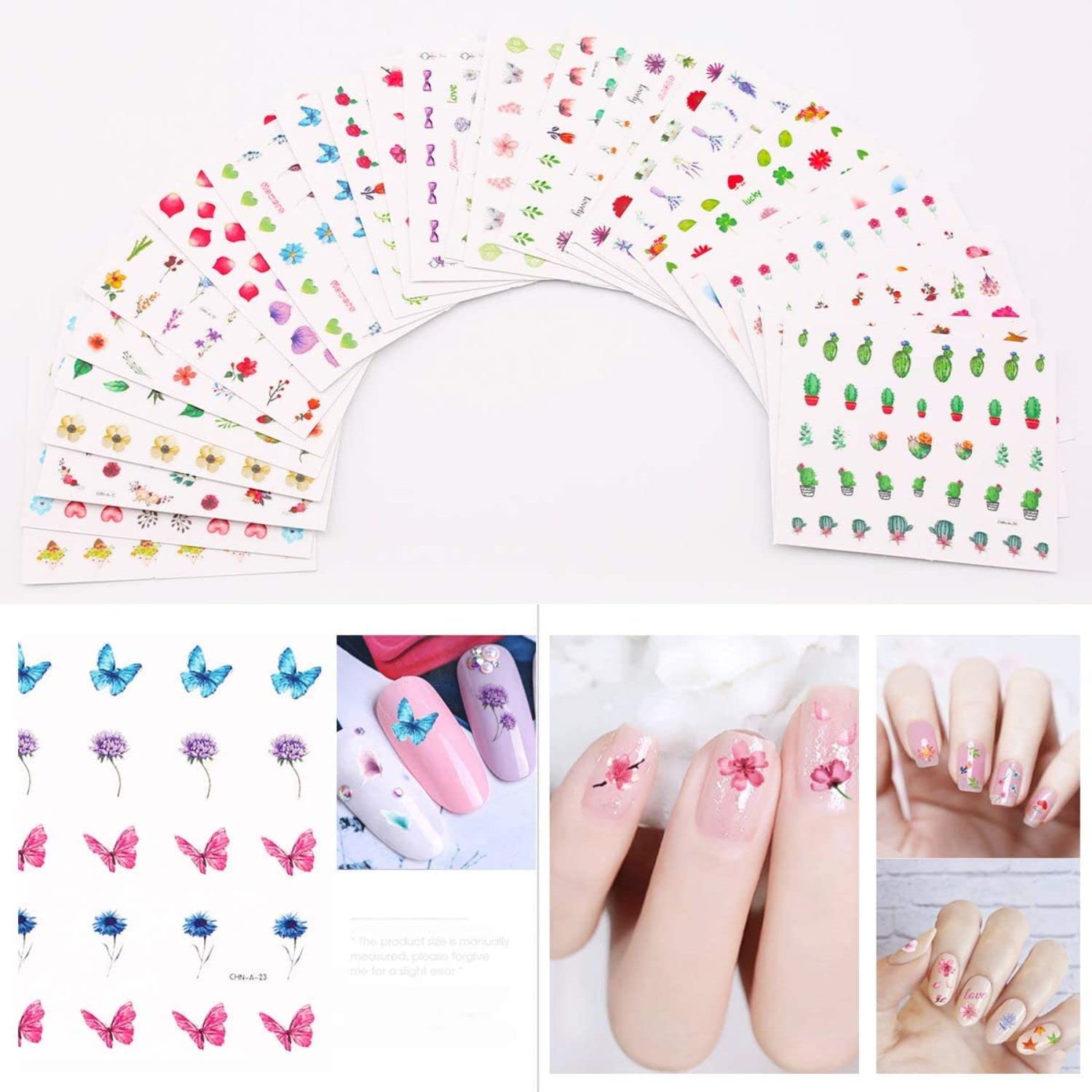 24 Sheets Self-Adhesive Nail Decals with Assorted Patterns Blossom Flower Art Design for DIY Nails Design Manicure Decoration Accessories Decals Free Tweezer