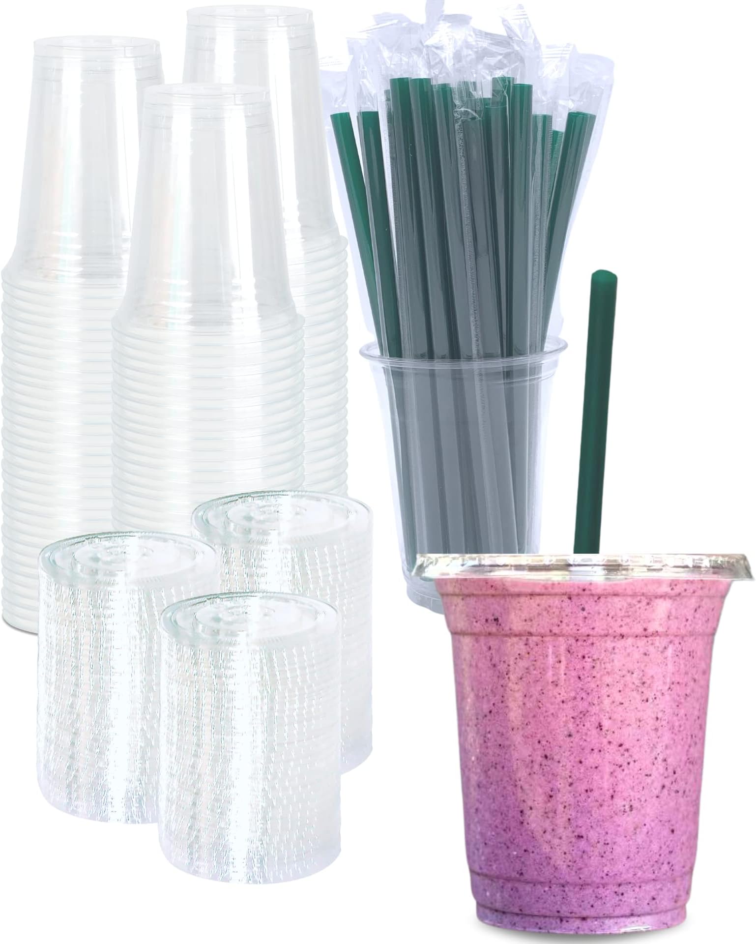 12 oz clear plastic cups with lids & straws