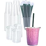 [100 SETS] 12 oz Clear Plastic Cups with Lids and STRAWS, Disposable Iced Coffee cups with lids, Clear Cups with Lids for Cold Drinks, Iced Tea, Milkshakes, Smoothies