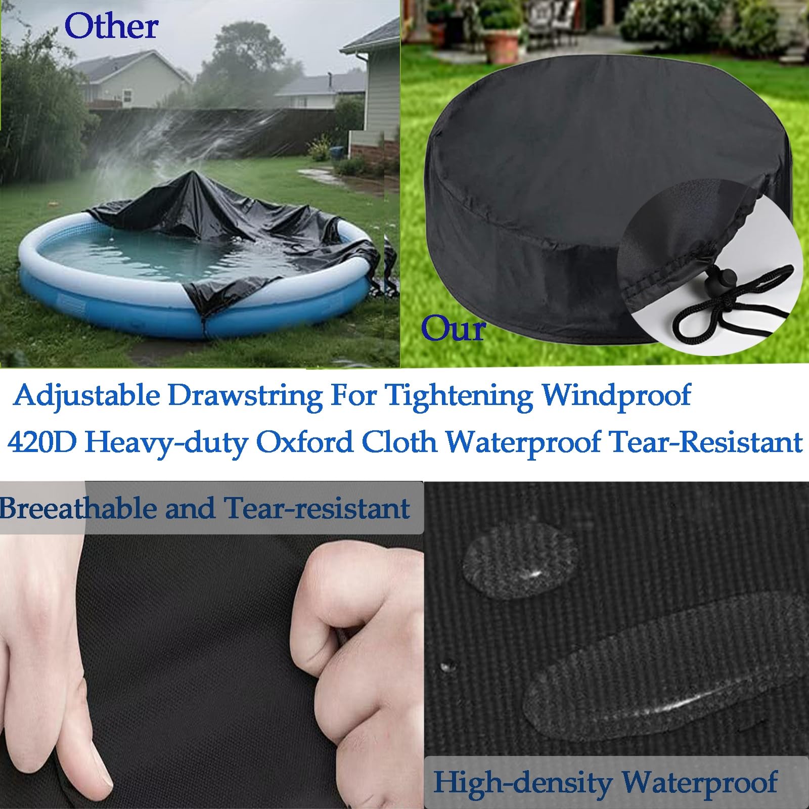 Rotonda Copertura per Piscina da Esterno,Copertura Mobili da Giardino Circolare Impermeabile e Antipolvere 420D Oxford Pieghevole all'aperto con Coulisse,Copertura Vasche Gonfiabili,Blu,144"/366cm
