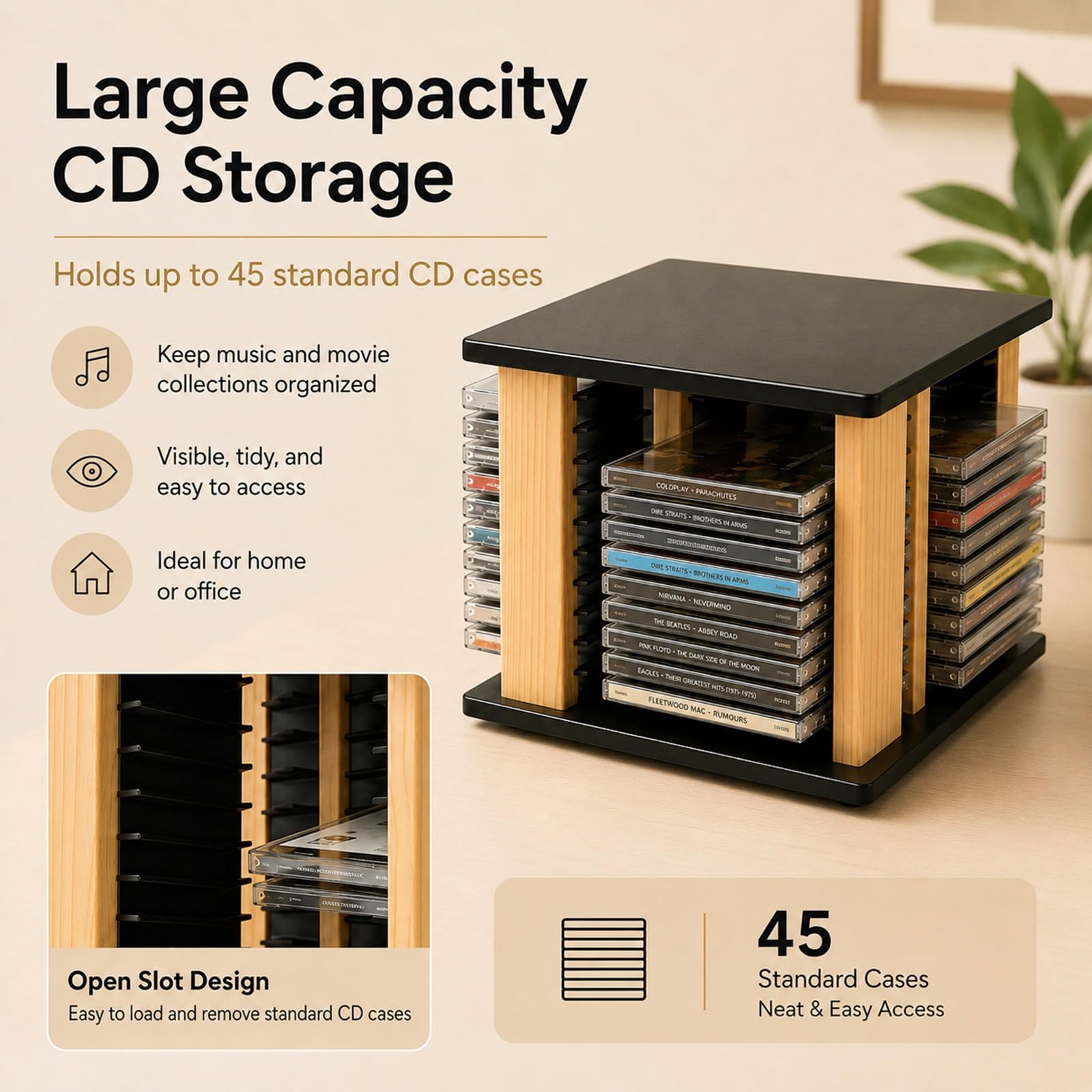 Porta CD e DVD da Scrivania Girevole a 360 Gradi in Legno for Multimedia | Contiene 45 Custodie Standard con Design Salvaspazio da Tavolo for Collezioni di Videogiochi e Film in DVD