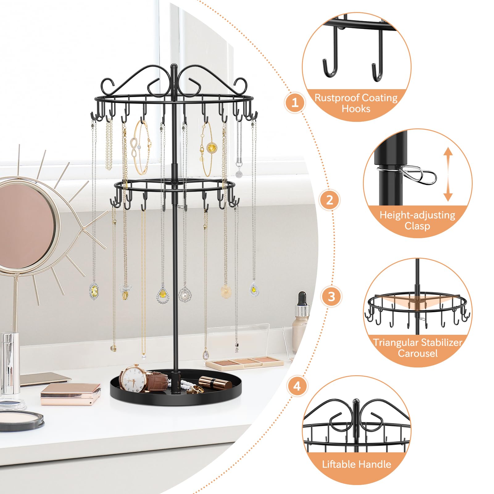 iDavosic.ly Kettenständer Schmuck Drehbar, 24-Haken Ketten Halsketten Aufbewahrung, Metall Kettenhalter für Armbänder Ring Armband Sonnenbrillen, Schwarz
