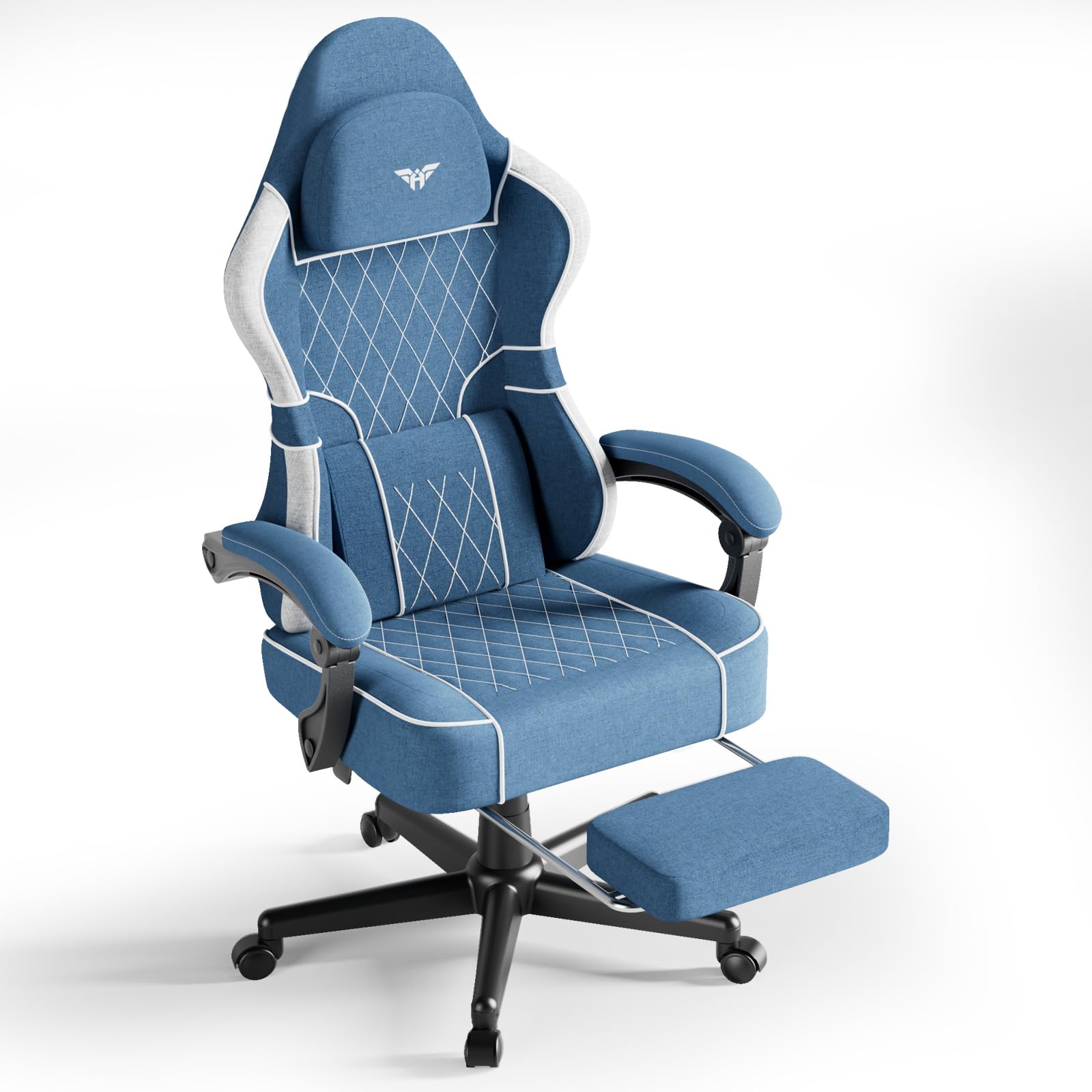 Huracan Silla Gaming con función masajeador, Silla Gamer Oficina con reposacabeza y Soporte Lumbar, sillón ergonómico Gaming con reposapiés, Respaldo Ajustable 90-160°, 150KG, algodón y Lino, Azul