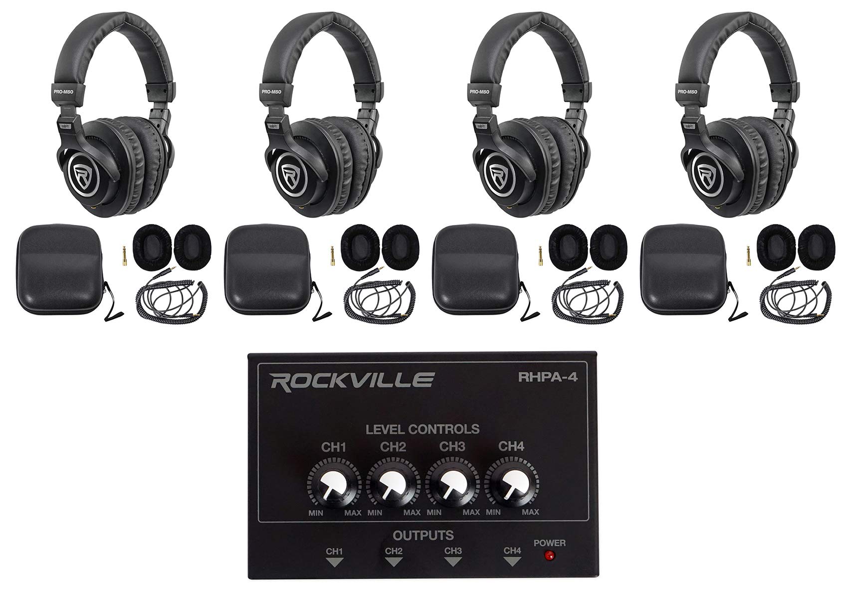 Studio Bundle w/ (4) Rockville PRO-M50 Headphones+4 Channel Headphone Amplifier