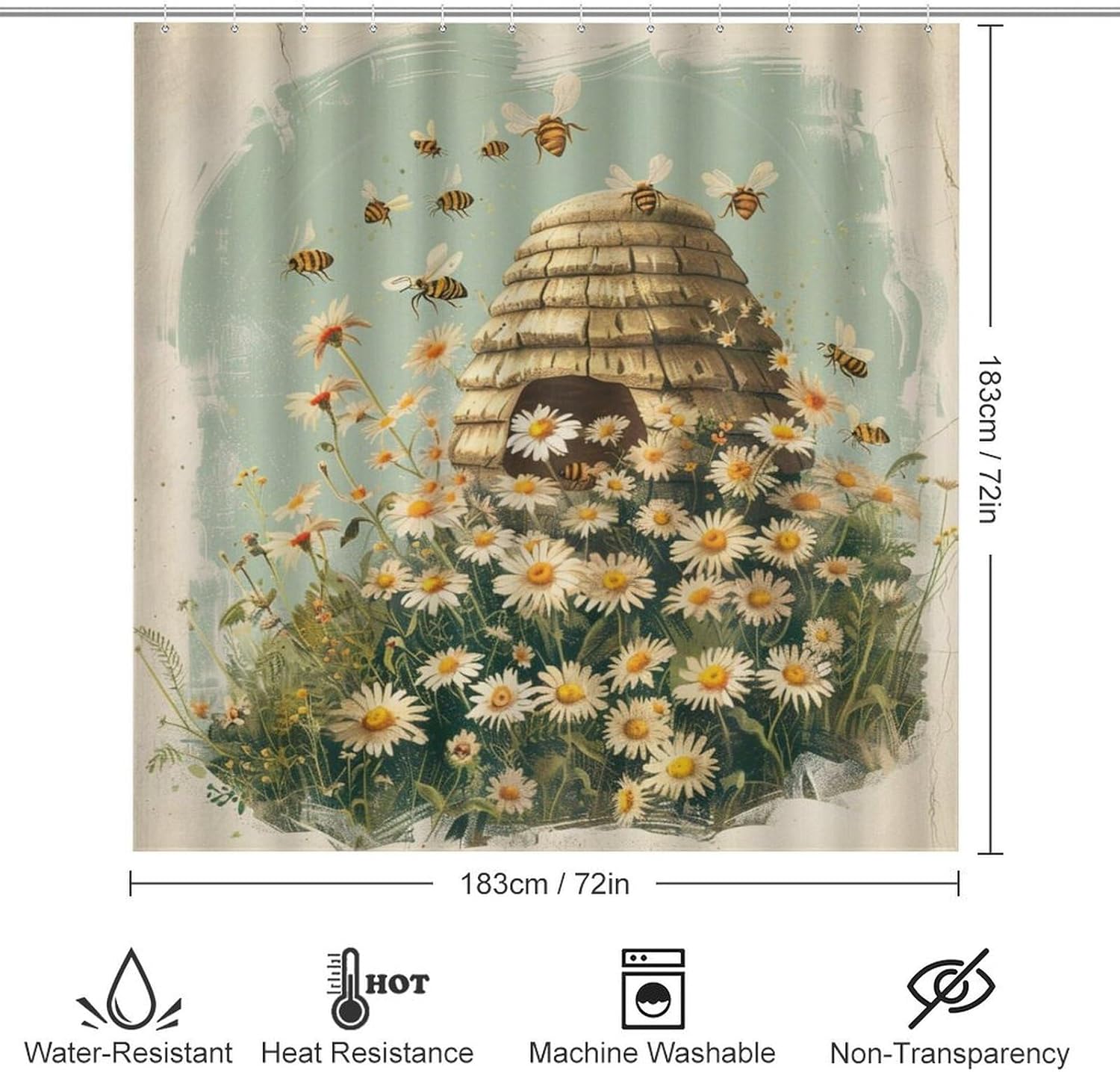 4Pcs Cute Flower Honeycomb Bee Shower Curtain Sets, Bathroom Decor Set with Rugs, Bath Mat Vintage Rustic Daisy Beehive Shower Curtain, 72 X 72 Inch