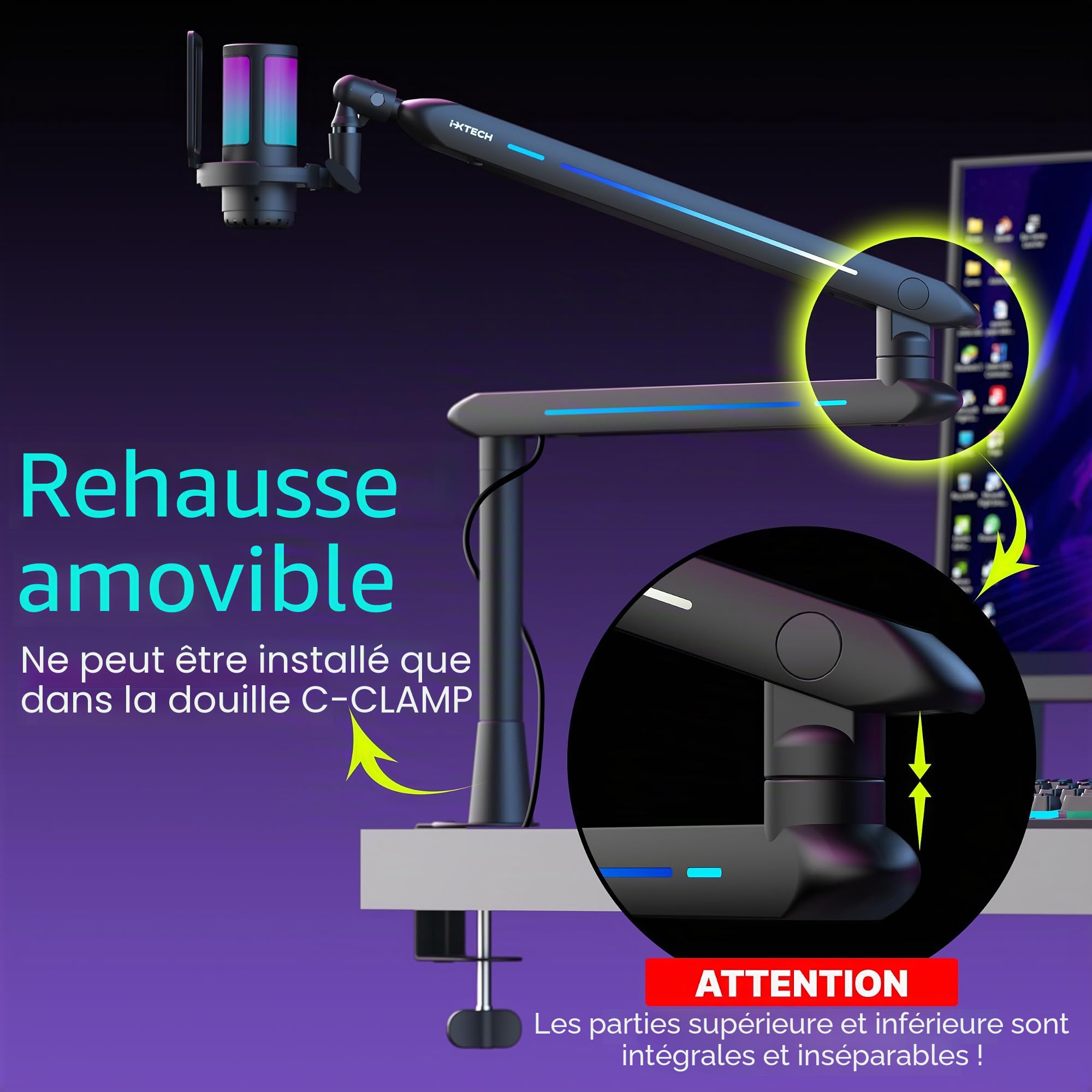 IXTECH Bras de microphone RVB à profil bas, support réglable avec pince de bureau, rotatif pour gestion des câbles pour podcast, streaming