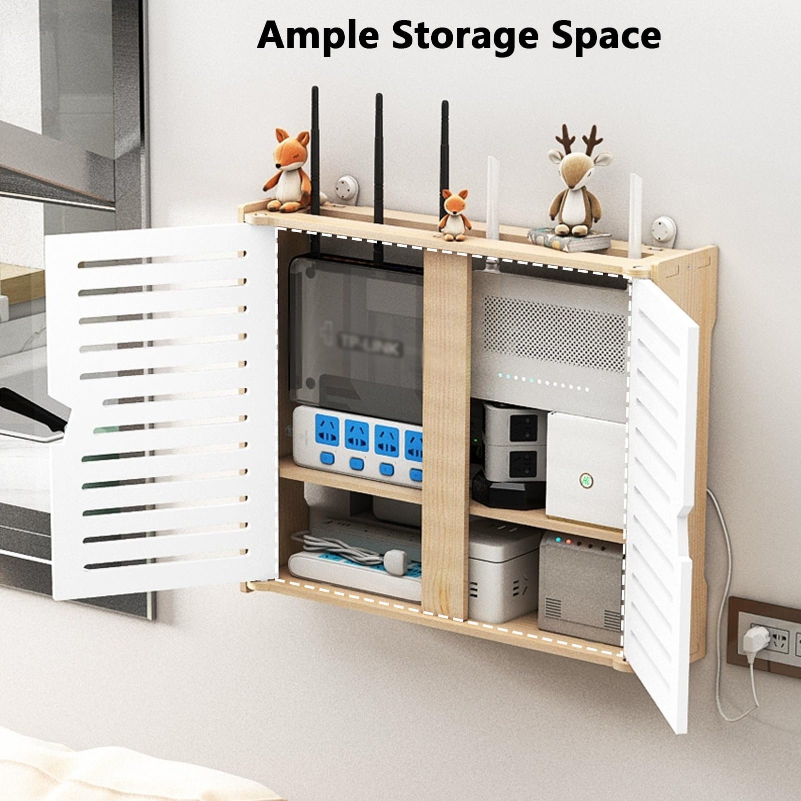 Boîte de Rangement pour Routeur, Mural Armoire de Routeur, Cache Box 2 Niveaux, Cache-câble Modem/routeurs, a Assembler(L42xW10xH33cm/16.5x3.9x13in)