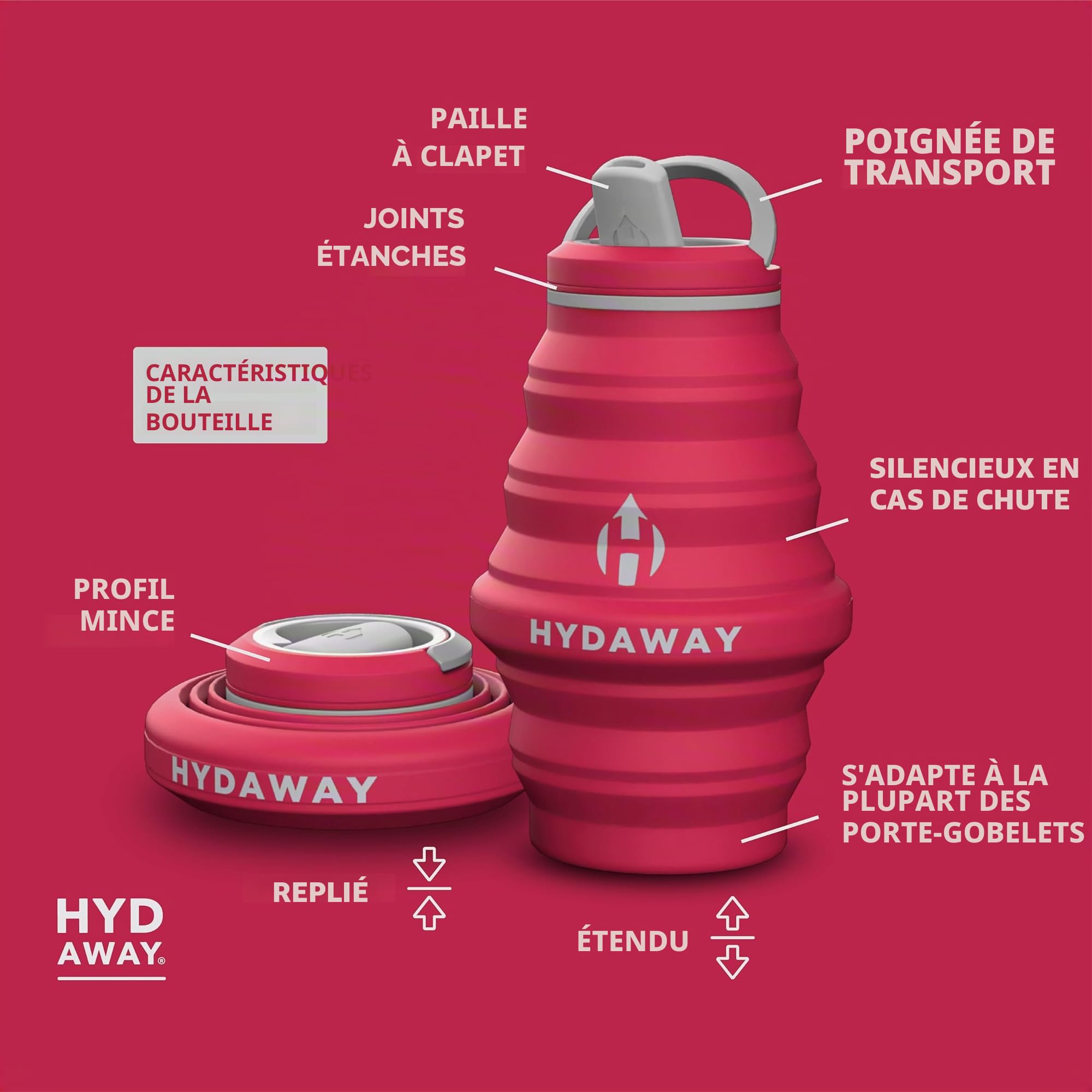 HYDAWAY - Bouteille d'eau pliable, couvercle à rabat, facile à emporter, pratique lors de vos déplacements, silicone de qualité alimentaire, 500 ml