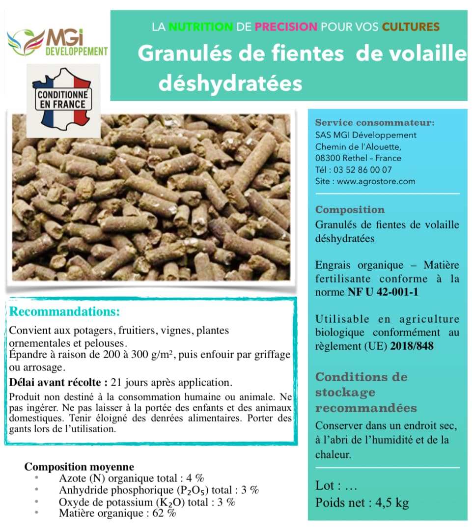 Granulés de Fientes de Volaille Déshydratées – Engrais Organique Naturel – NPK 4-3-3 – Utilisable en Agriculture Biologique – Fertilisant Jardin, Potager, Pelouse (4,5 kg)