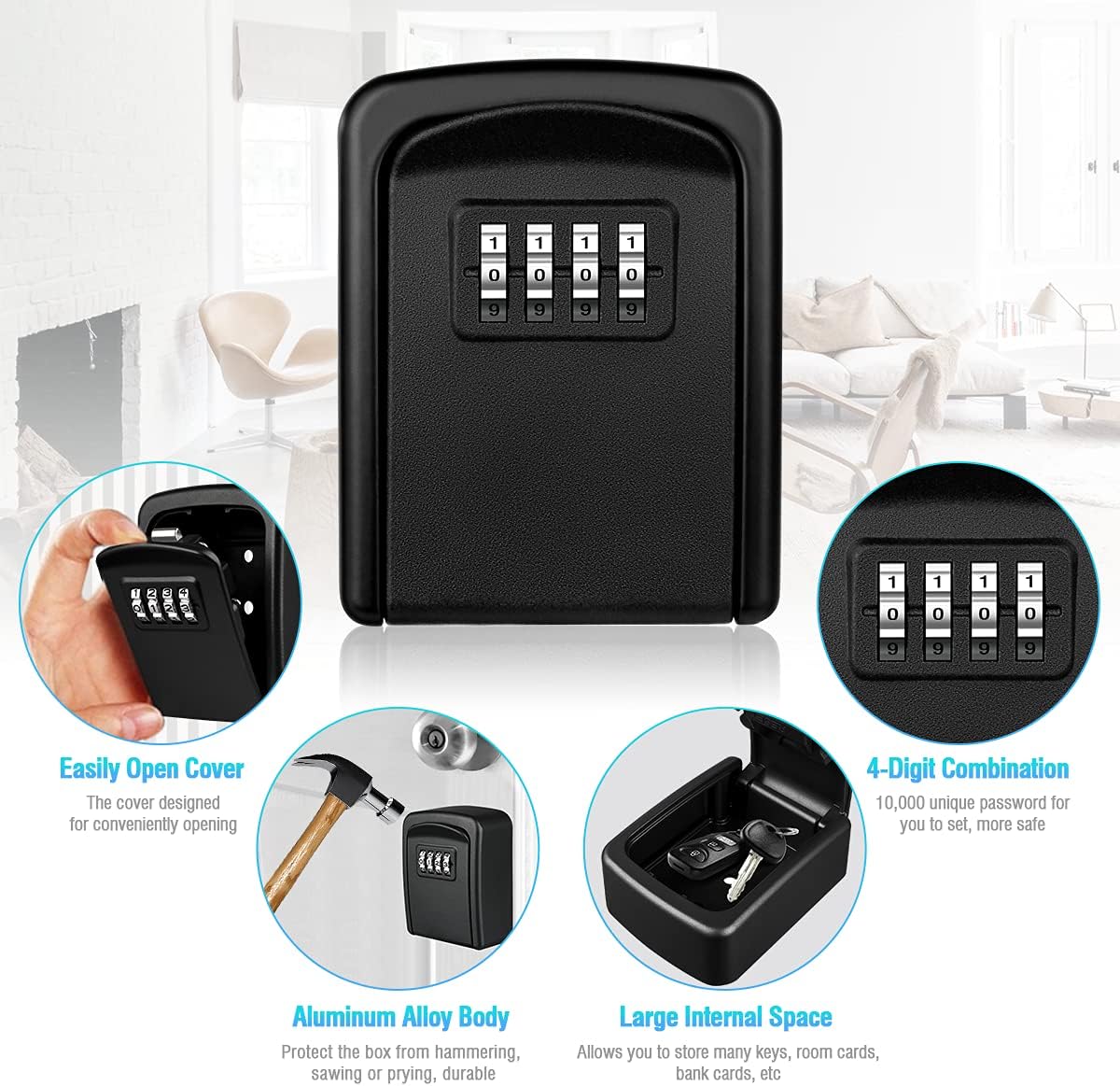 HUANLANG Key Lock Box for Outside Lockbox for Keys Outdoor 4-Digit Combination Lock Box Wall Mount Waterproof Portable Security Key Storage for House Realtor Contractors Warehouse