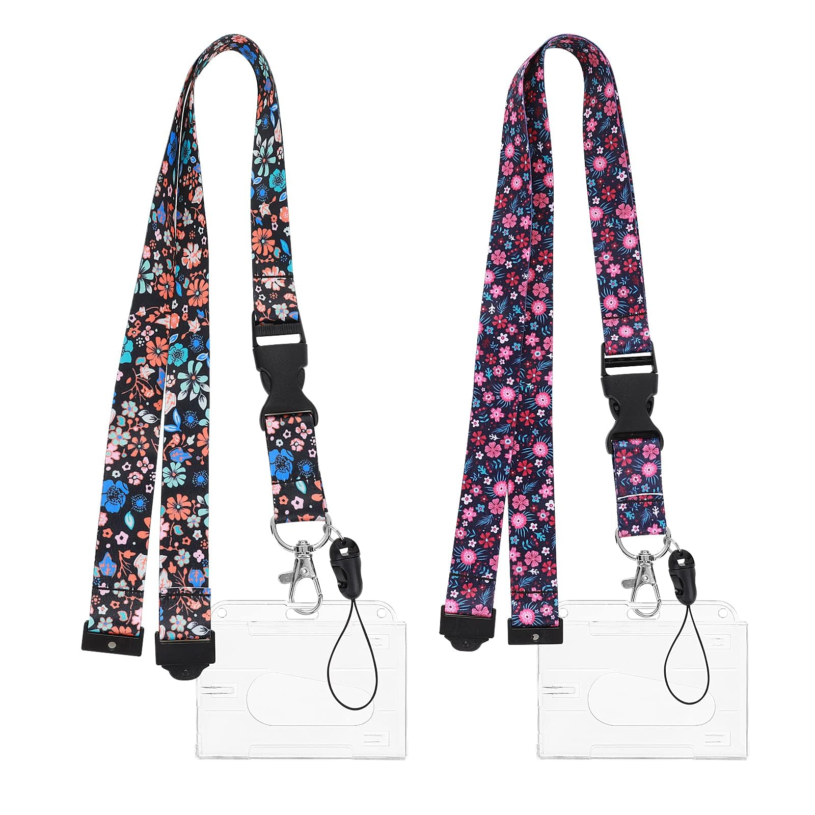 Floral ID Badge Holder Set, 2 Pack Hard Card Case with Detachable Lanyards
