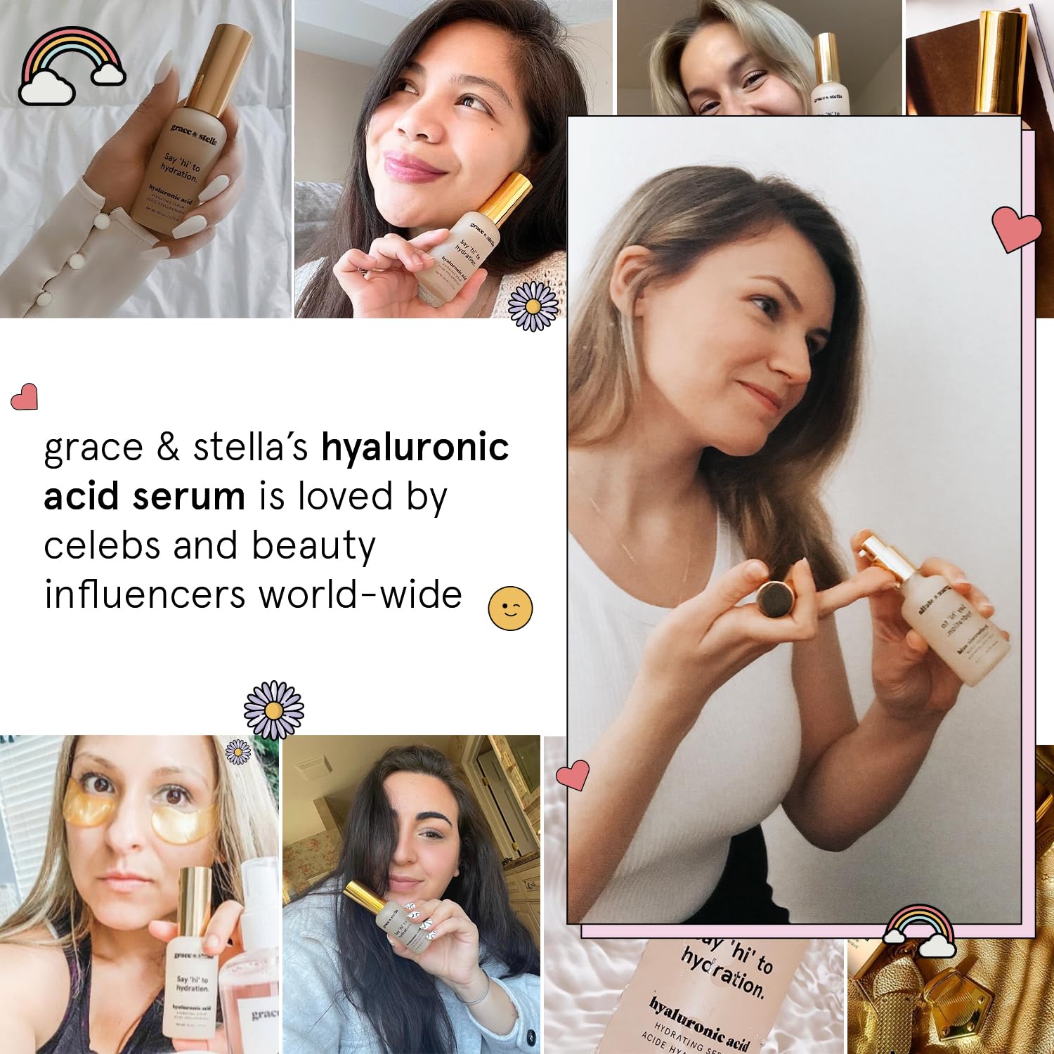 grace & stella Suero de ácido hialurónico para la cara, suero facial hidratante para mujeres, suero antiarrugas para líneas finas, suero hidratante vegano sin parabenos (30 ml)