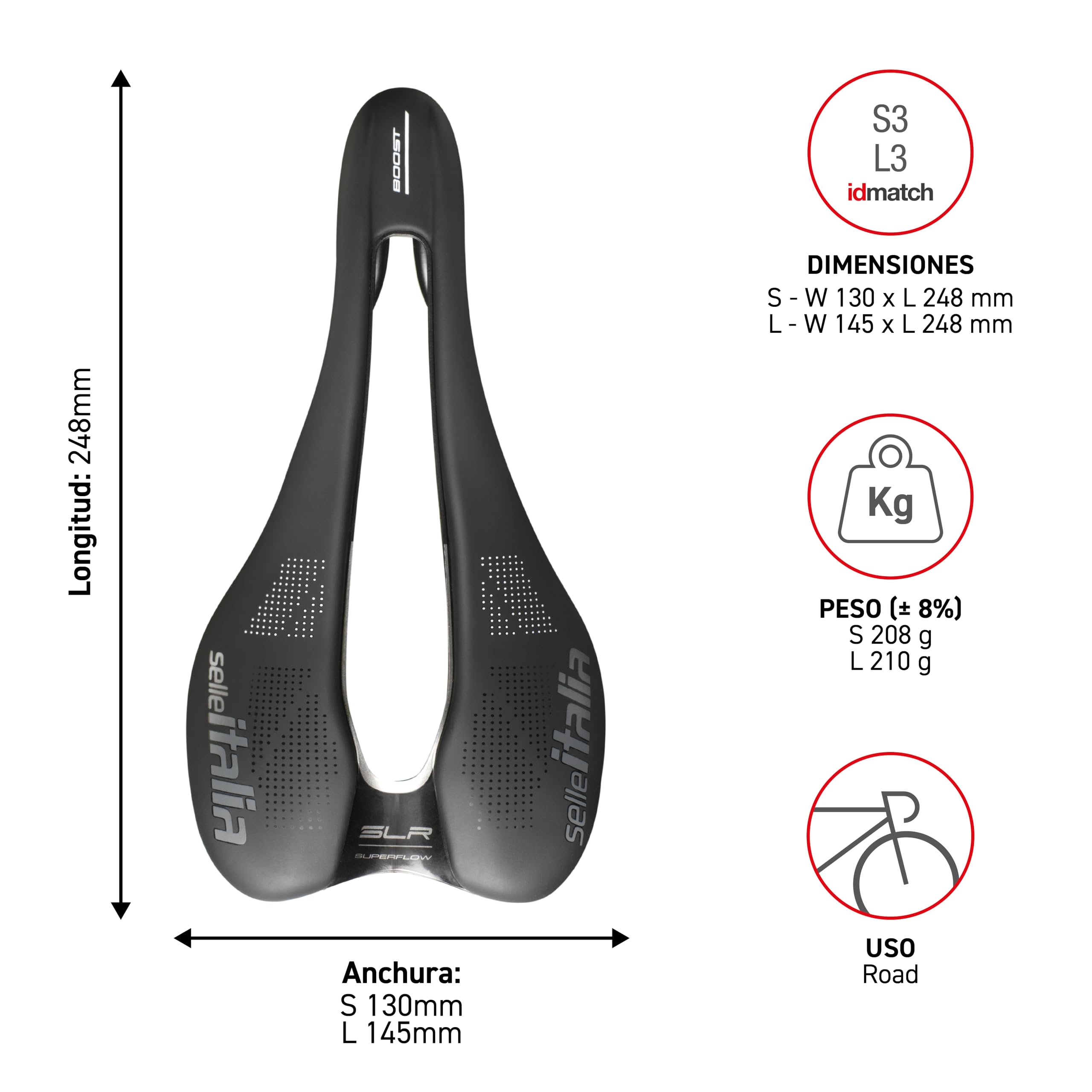 Selle Italia SLR Boost TM Superflow - Sillín de Bicicleta con Diseño Clásico SLR, Cómodo Sillín de Gel para Carretera y Agujero Superflow