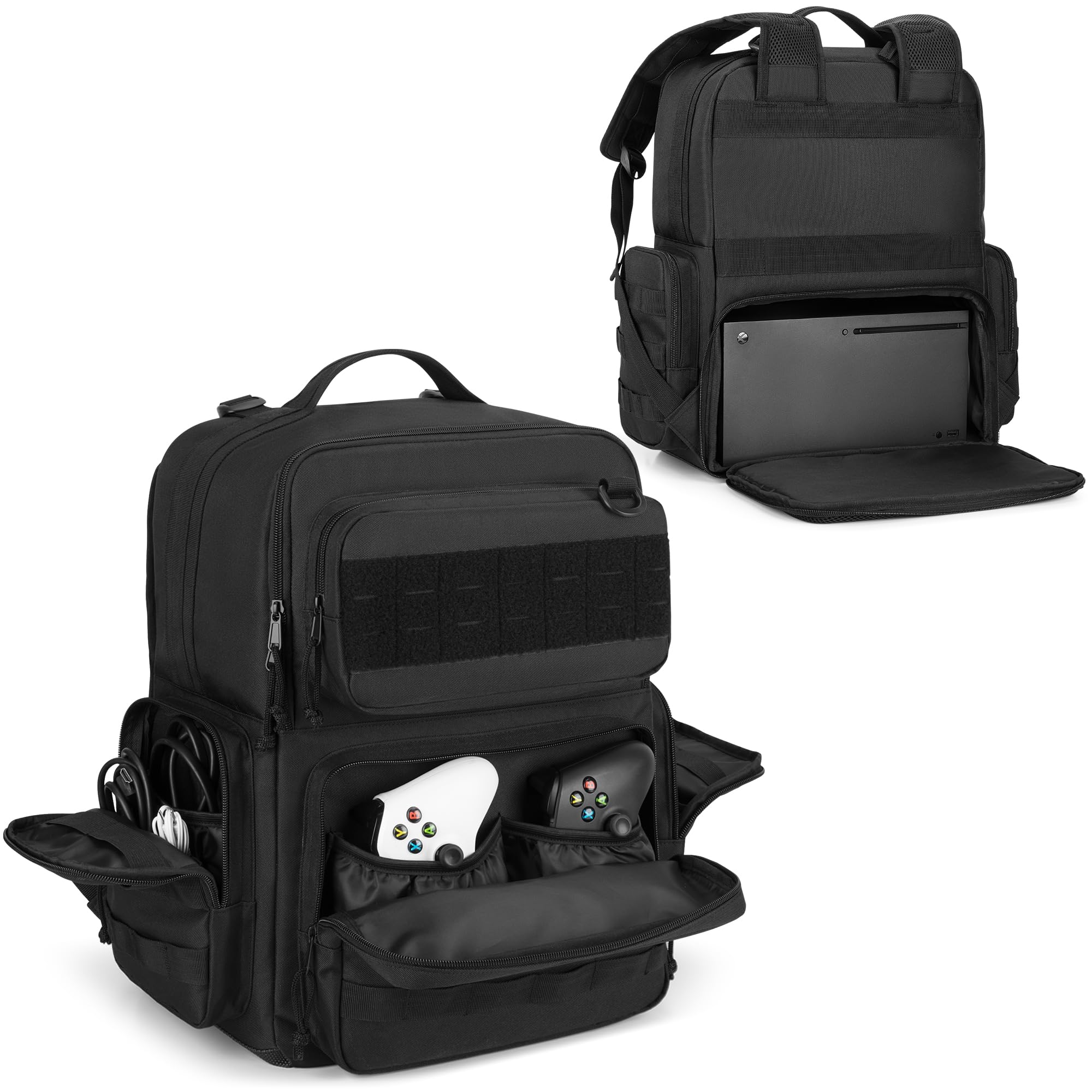PGmoon Mochila táctica de viaje compatible con consola Xbox Series X/S con espacio individual para consola, muchos bolsillos para controladores, auriculares y más (diseño patentado), Negro -, Mochila