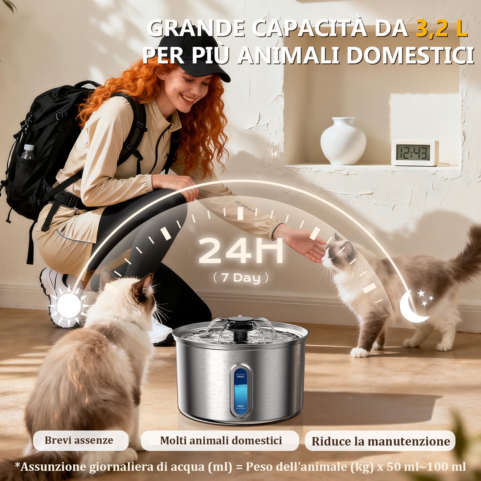 Fontanella per Gatti Acciaio Inox, 3.2L/112oz Fontana per Gatto con Sistema di Filtrazione a Cinque Stadi, 25dB Ultra silenziosa, 5W Basso Consumo, Adatto per gatti, cani e piccoli pets +3 Filtri