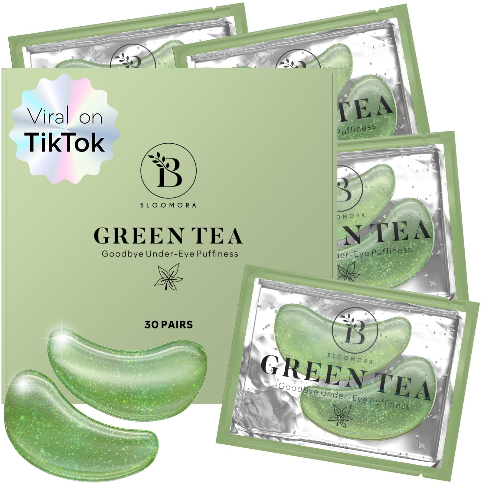 BLOOMORA Green Tea Under Eye Patches (30 Pairs) - For Dark Circles & Puffiness - Hydrating Green Tea Eye Mask