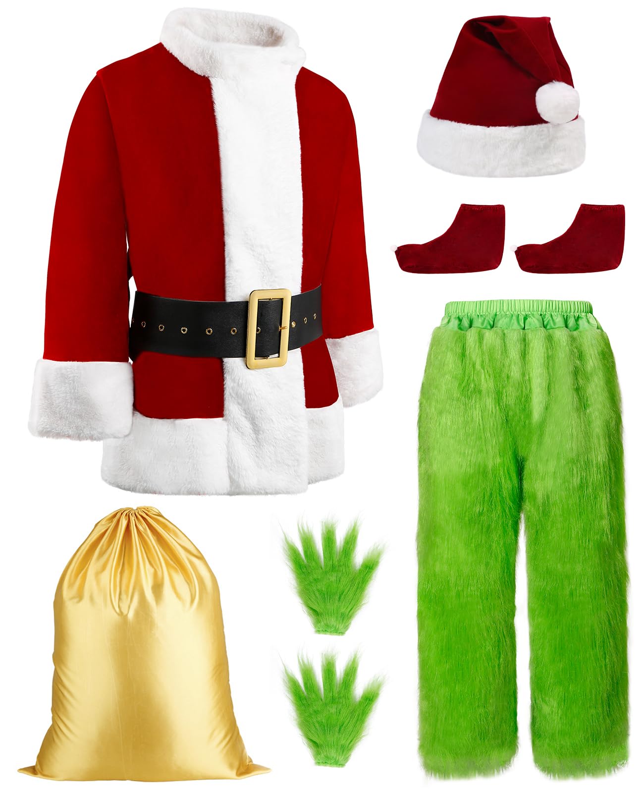 Green Christmas Costume for Men Halloween Costumes Adult Santa Costume with Mask 8PCS Deluxe Funny Cosplay