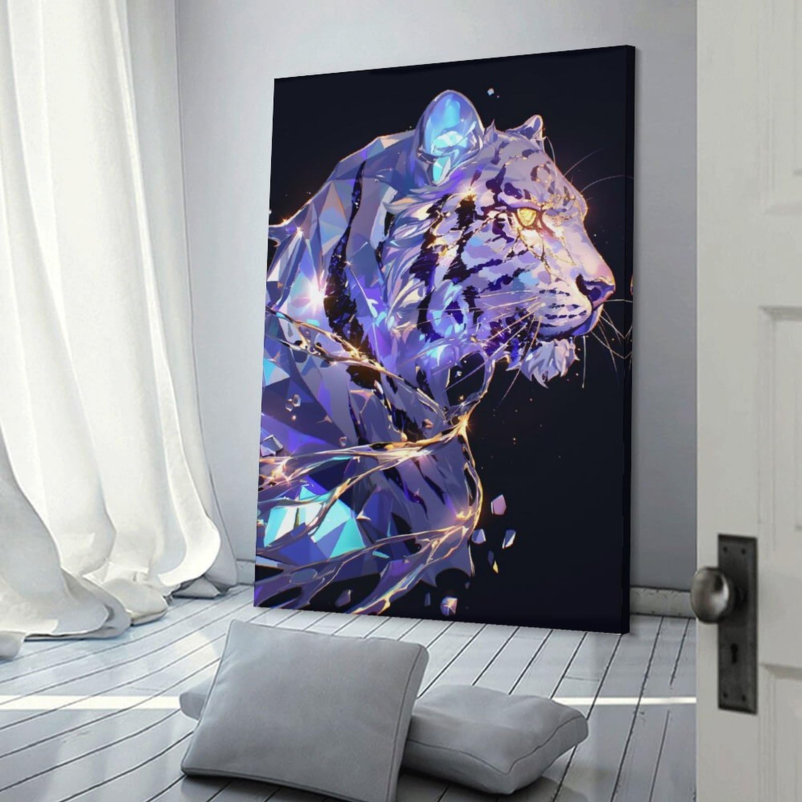 Junmoney Crystal Tiger with Golden Accents Wall Art Print 20x30inch(50x75cm), for Living Room, Bedroom Or Home Office, Thoughtful Wall Decor for Art Lovers