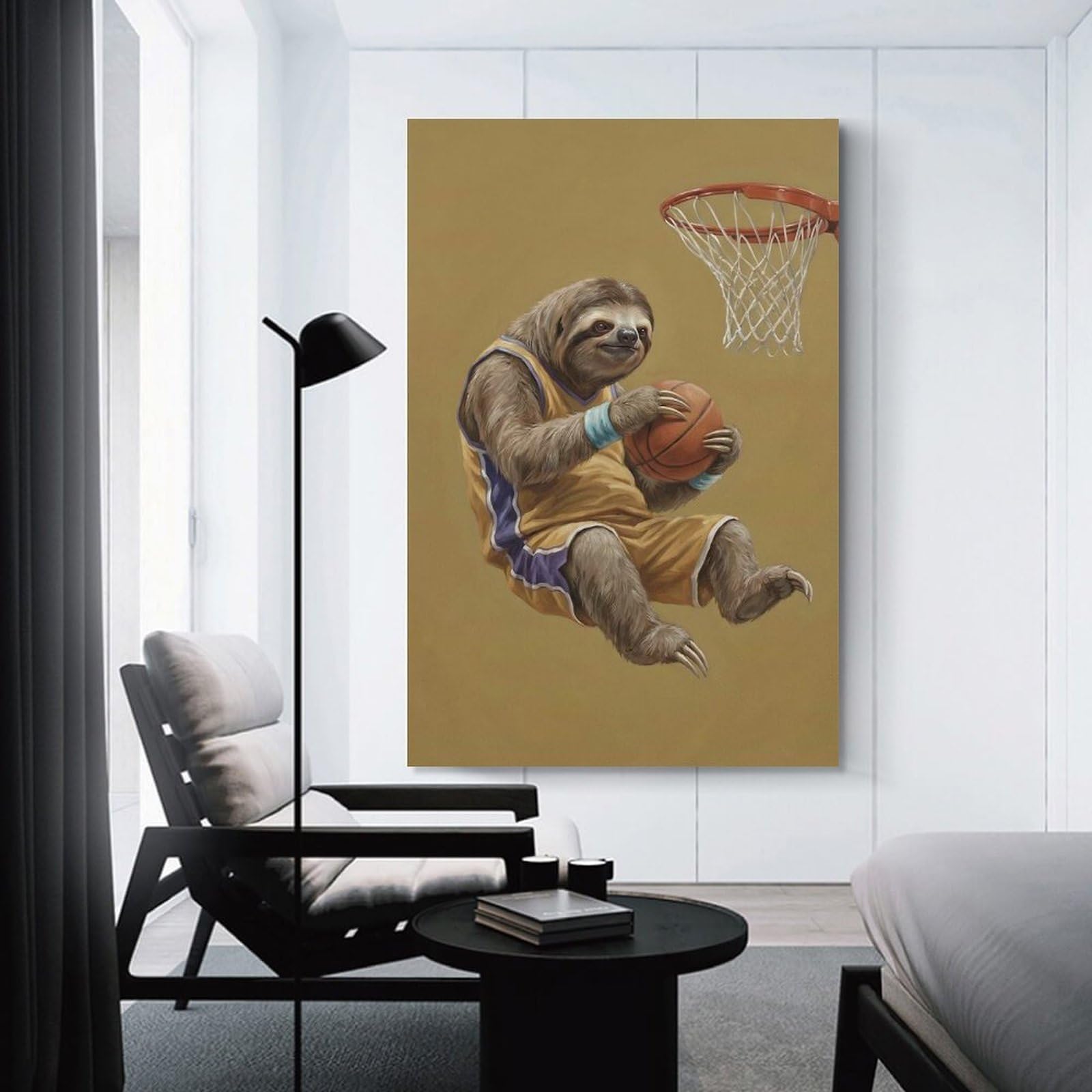 Junmoney Canvas Art Print Sloth Dunking Basketball, 12x18inch(30x45cm), for Office, Study Or Home Workspace, Decorative Artwork for Productive Spaces