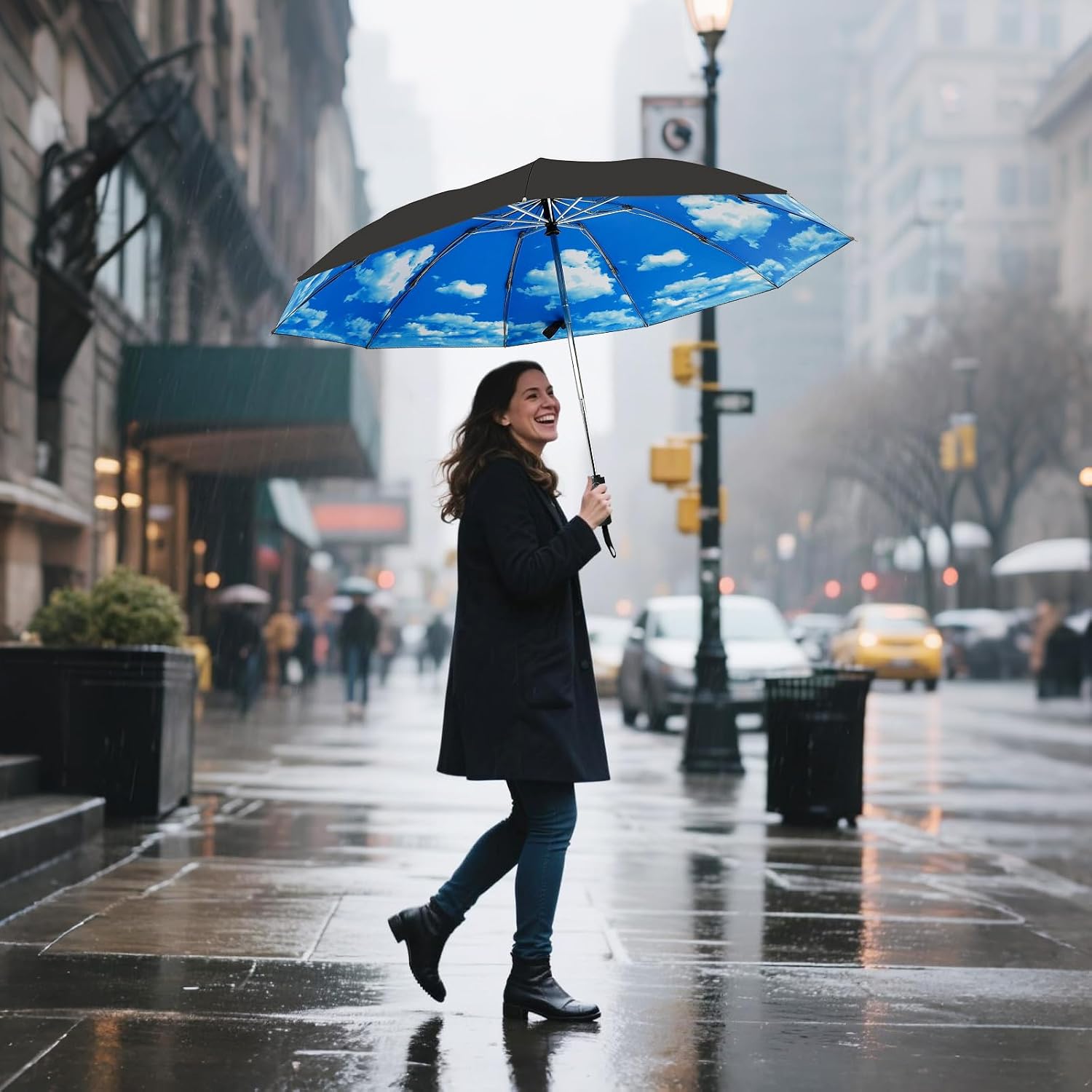 LLanxiry Compact Travel Umbrella, 44" Canopy, Automatic Open/Close Windproof Umbrella, 210T Pongee, 8-Rib Fiberglass, Travel Size Mini, Portable Rain/Sun Umbrellas UPF 50+ with Cover