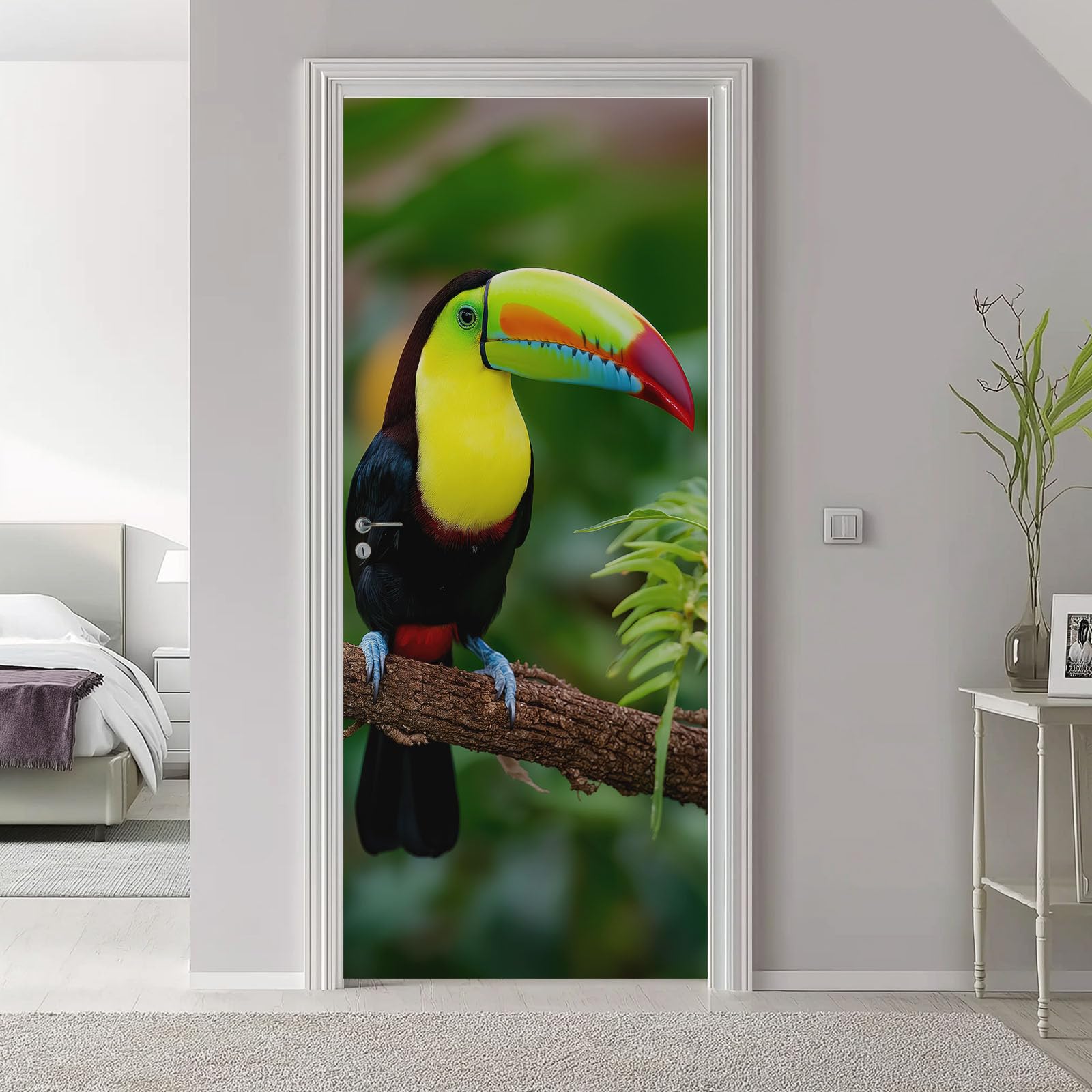 Papel pintado autoadhesivo para puerta de animales, tucán, fotografía 3D, póster para puerta, adhesivo botánico de rama de árbol impermeable, lámina de vinilo para puerta, verde extraíble, póster