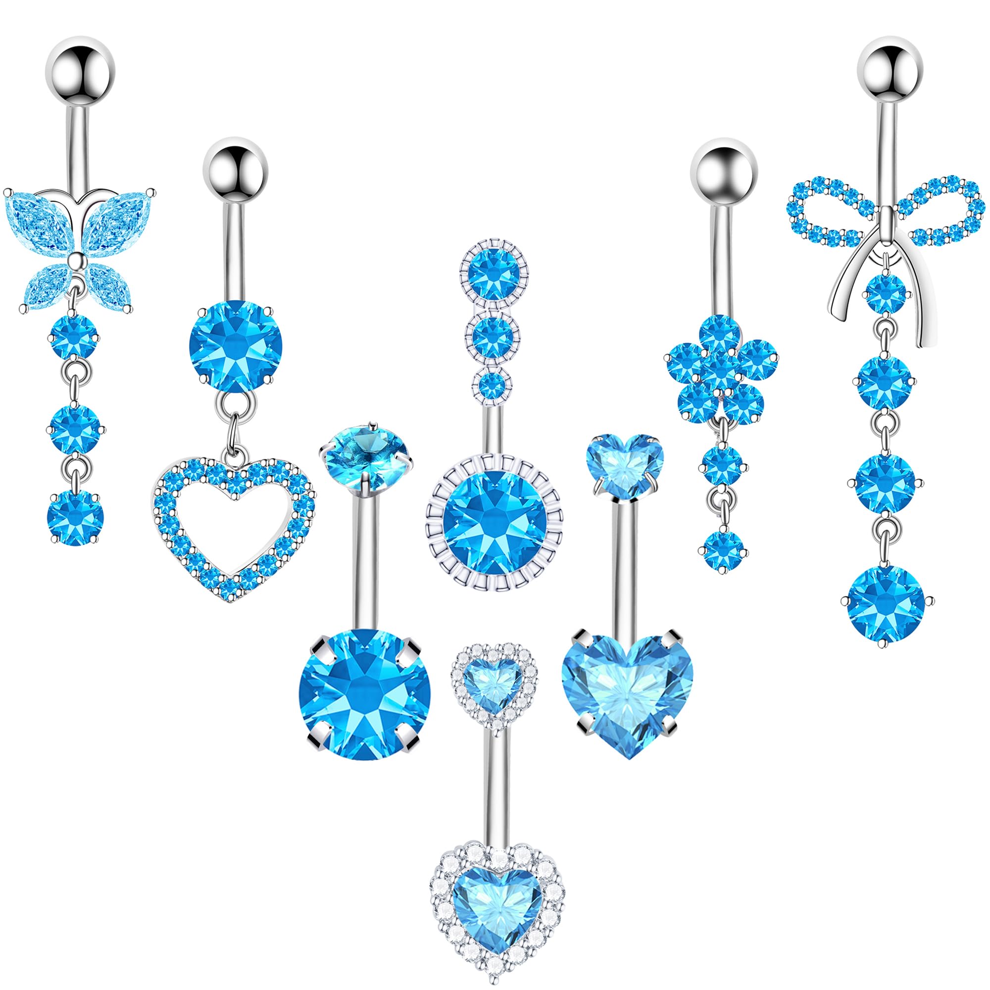 BSJ4U 8Pcs Gold Pink Silver Belly Button Ring Dangle Navel Belly Piercing Jewelry Cute CZ Butterfly Heart Flower Bow Navel Belly Rings for Women 14G