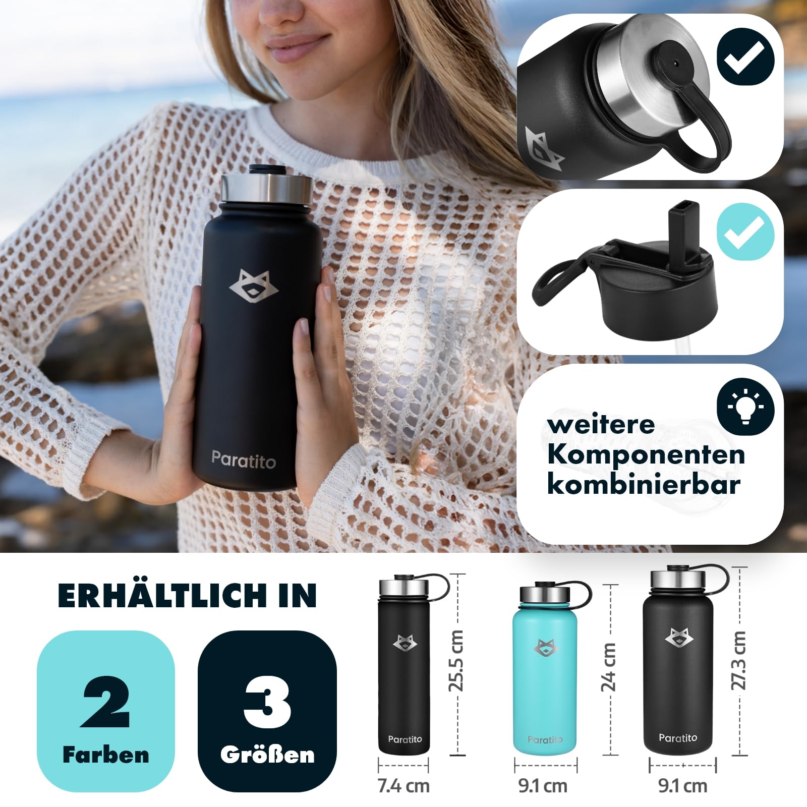 Edelstahl Trinkflasche mit Strohhalm 1L, BPA-frei, Thermo Trinkflasche mit Trinkhalm für Kinder & Erwachsene - Robuste Isolierflasche für Schule, Büro, Outdoor (Strohhalm Bundle, Schwarz)