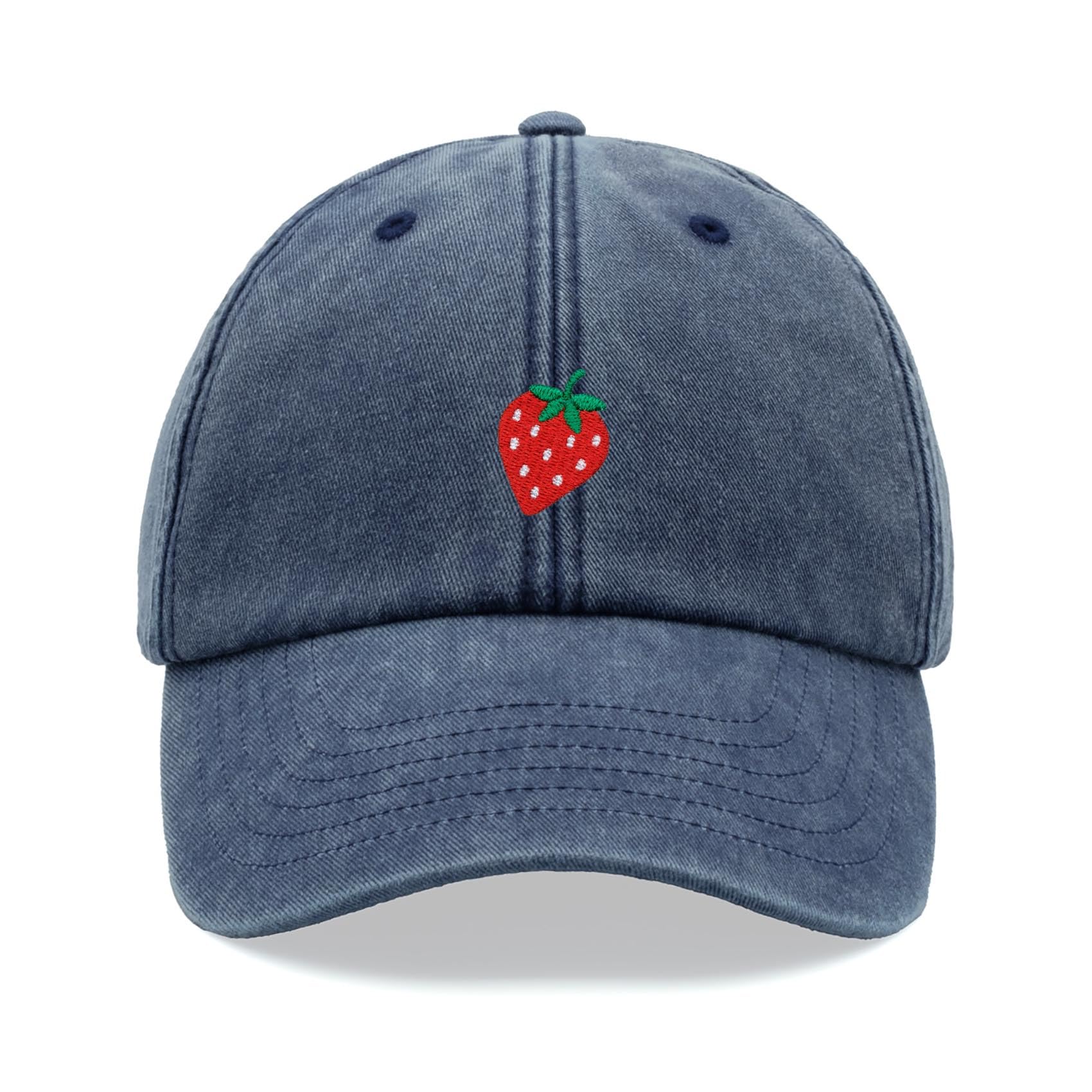 Strawberry Baseball Cap Vintage Washed Unisex Dad Hat Low Profile Adjustable Blue Denim