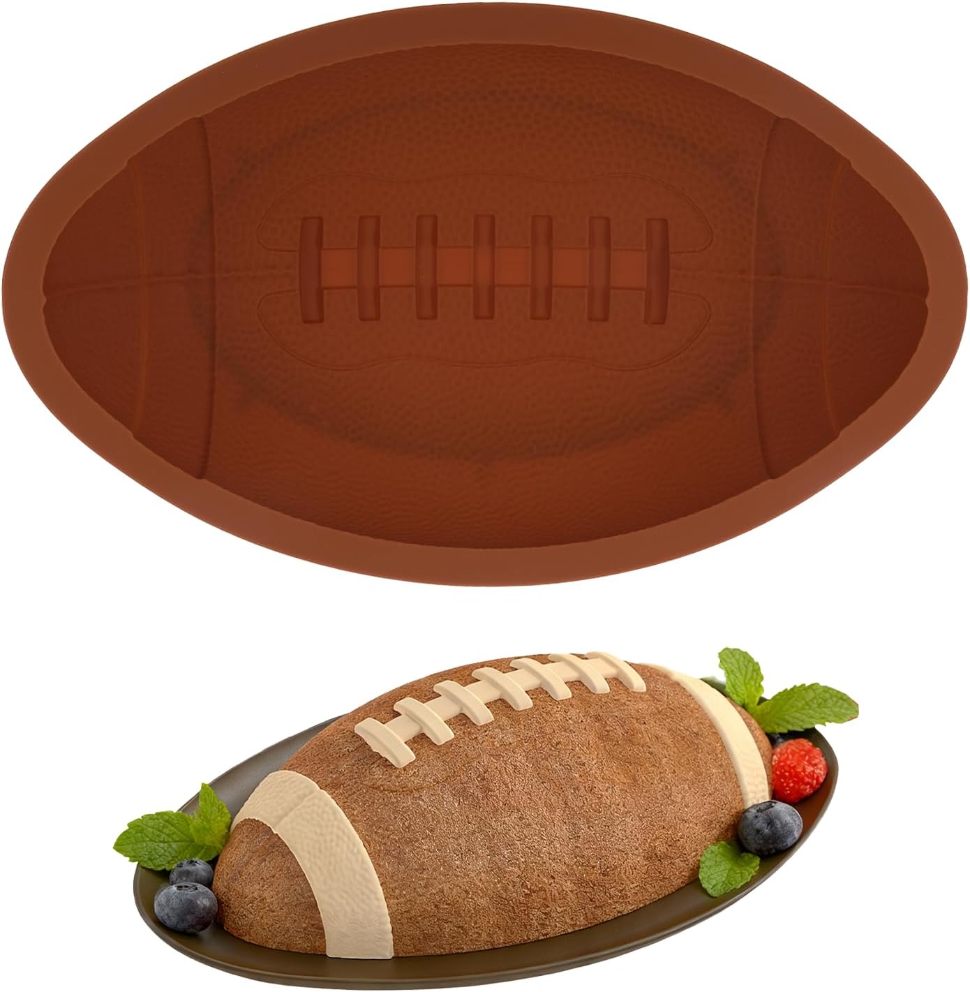 Football Cake Pan 10.5'' x 6.3'' x 4.1'' Football Silicone Mold Nonstick Breakable 3D Cake Chocolate Ice Candy Mold for Baking and Sports-Themed Party (Brown)