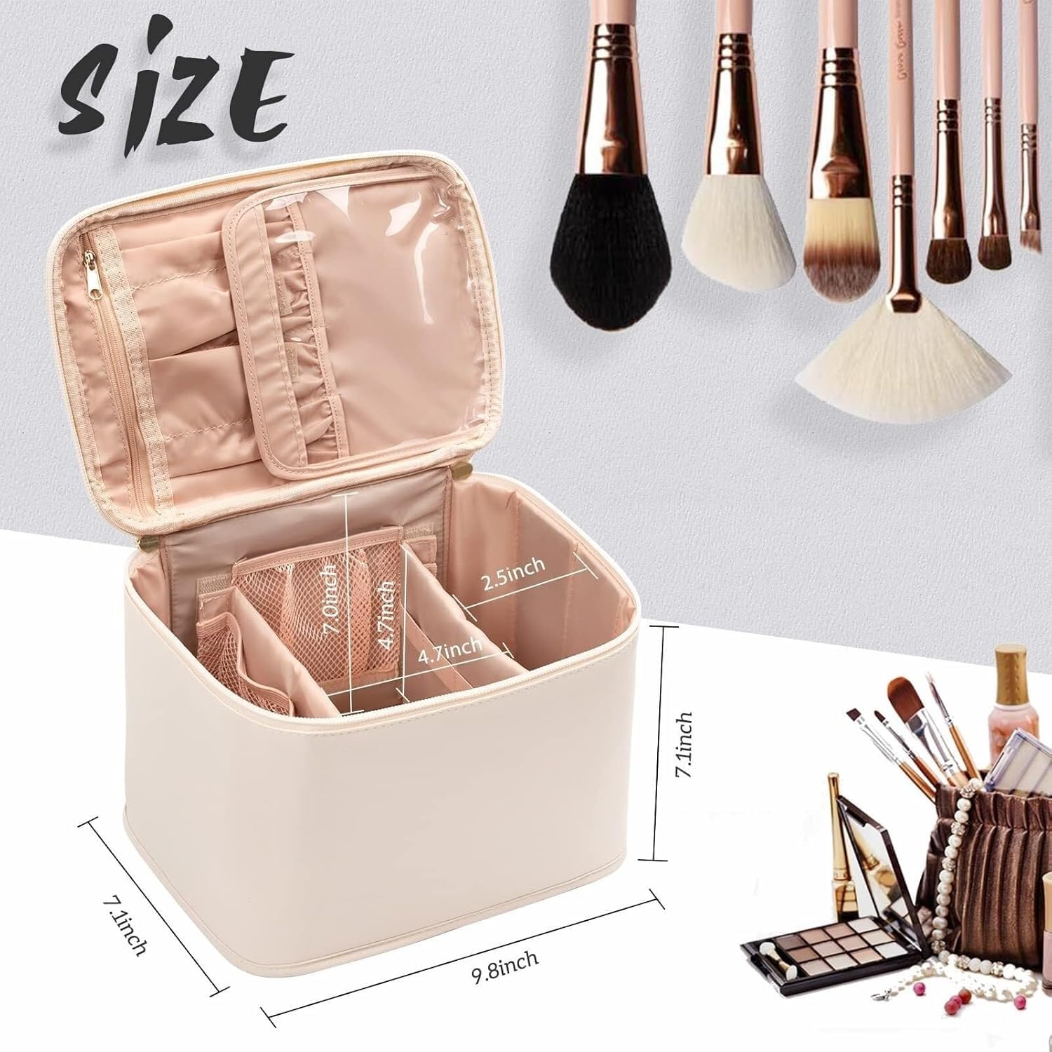 Beauty Case da Viaggio da Donna, Organizer per Cosmetici e Trucco Impermeabile con Scomparti e Manico - Custodia Portatile per Kit da Barba e Prodotti per la Cura della Pelle(Beige)