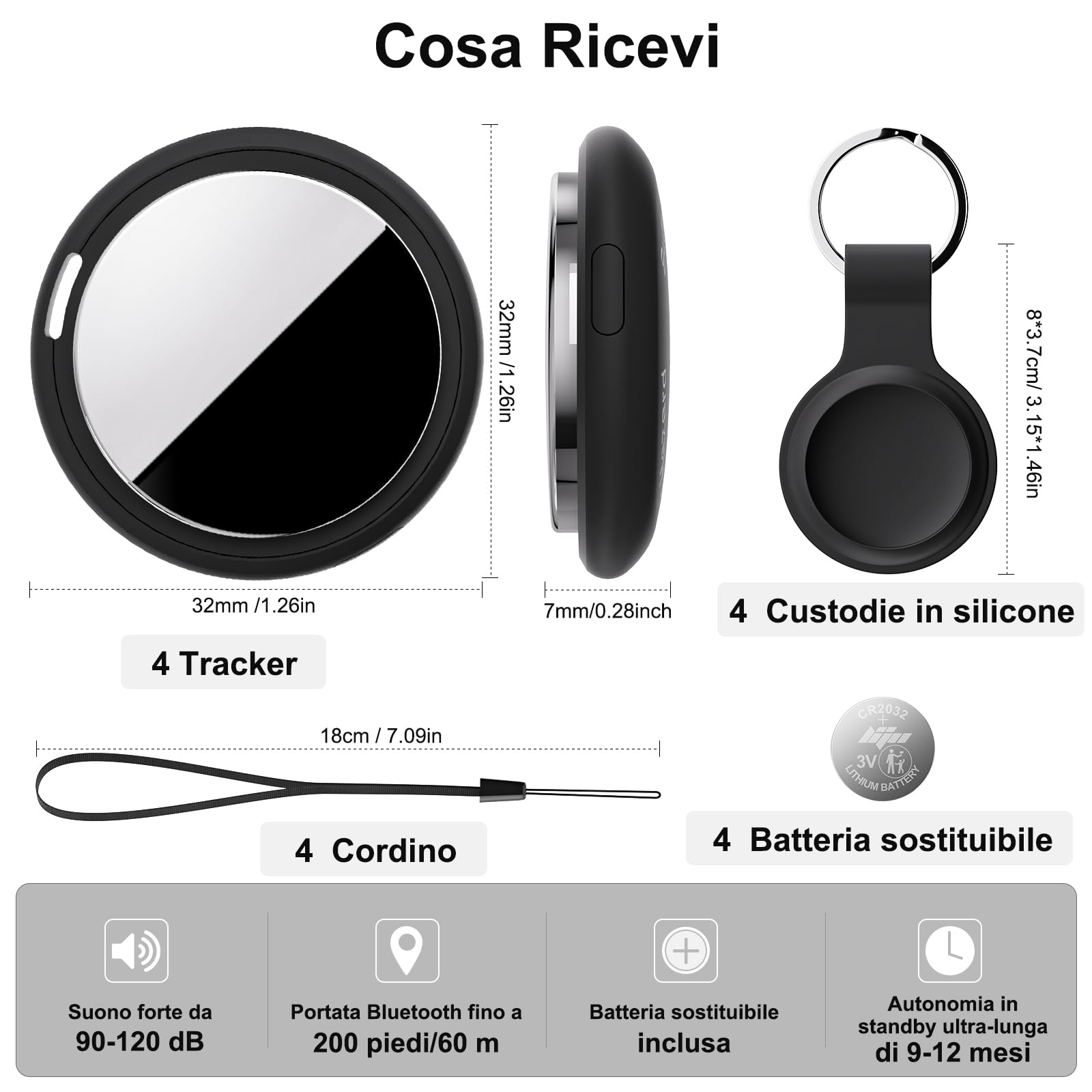 Localizzatore Smart Air Tracker Tag Compatibile Apple Dov'è, Batteria Inclusa, 4 Pezzi, Nero