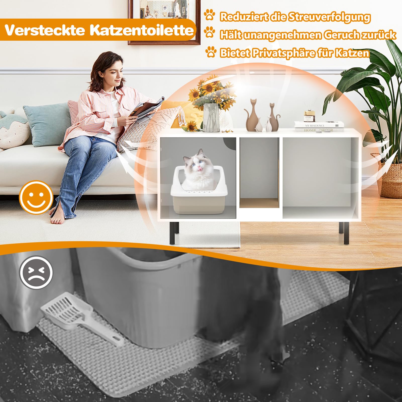 GOPLUS Katzenschrank für Katzentoilette, Katzenklo Schrank mit Abnehmbarer Kratzbrett, Eingang, Metallbeine & Eingang, Katzenhaus Beistelltisch aus Holz für 2 Katzen, 100 x 52 x 55 cm