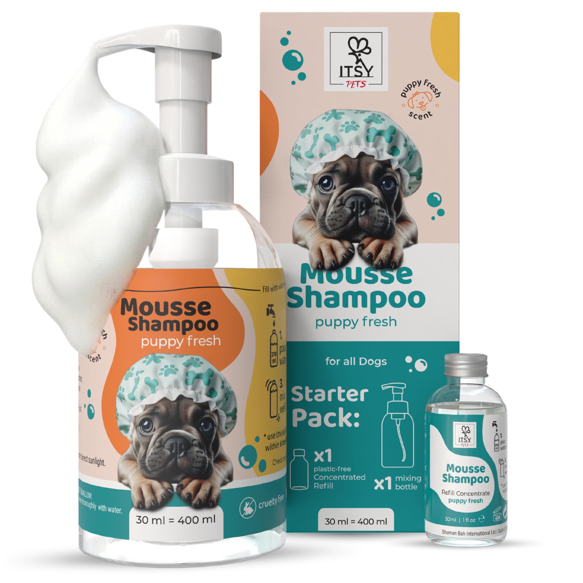 ITSY Pets Dog Mousse Shampoo Starter Pack | Puppy Fresh Scent | Eco-Friendly Refillable Foaming Pet Wash | 30ml Concentrate Makes 400ml | Reduces Bath Time & Single-Use Plastic (Starter Pack)
