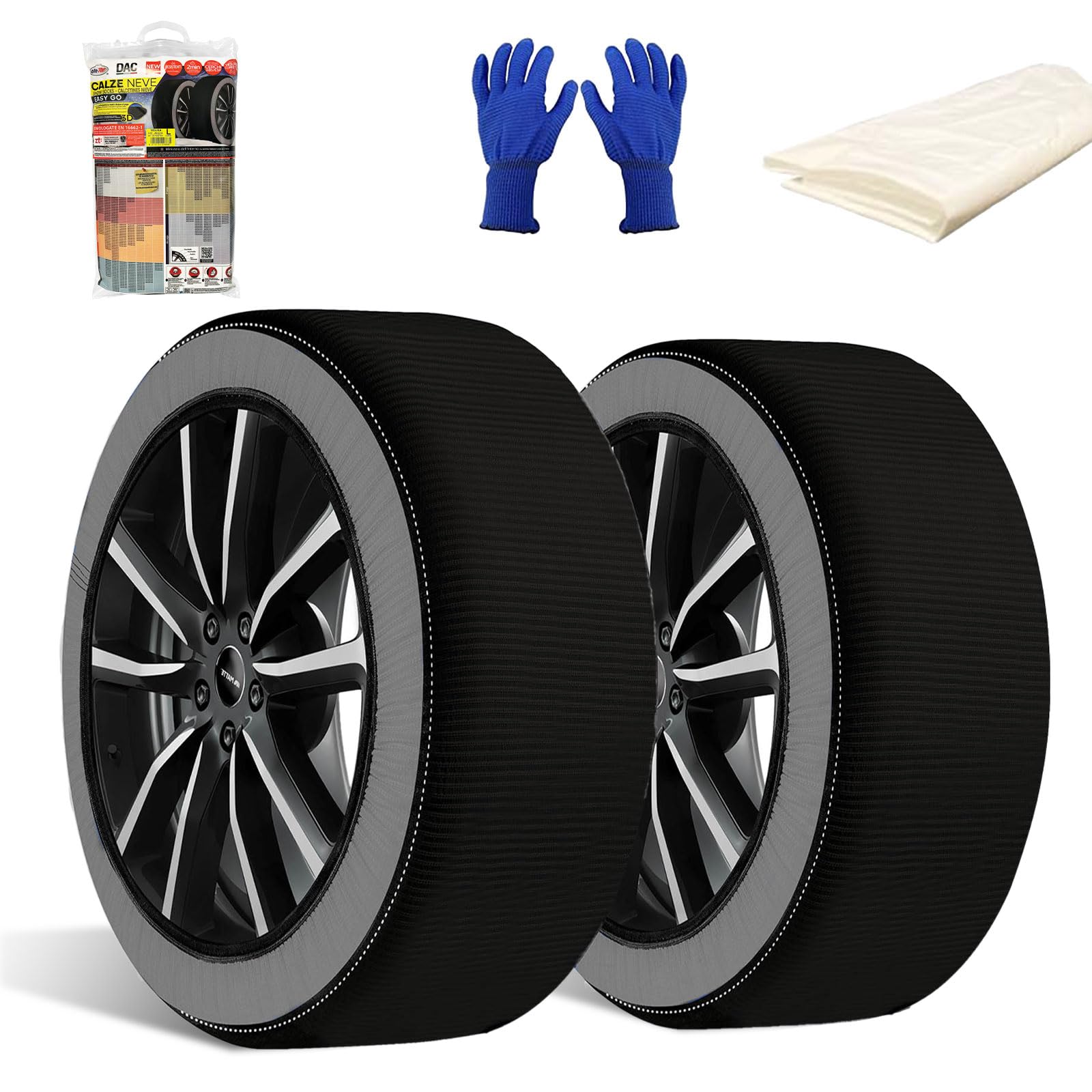 Cadenas de Nieve Textiles (Pack de 2) - Fundas de Nieve para Coche Talla L | Homologación Europea EN16662-1 (V5117) | Montaje Ultra Rápido en 2 Minutos, Sin Vibraciones ni Ruido (Negro, L)