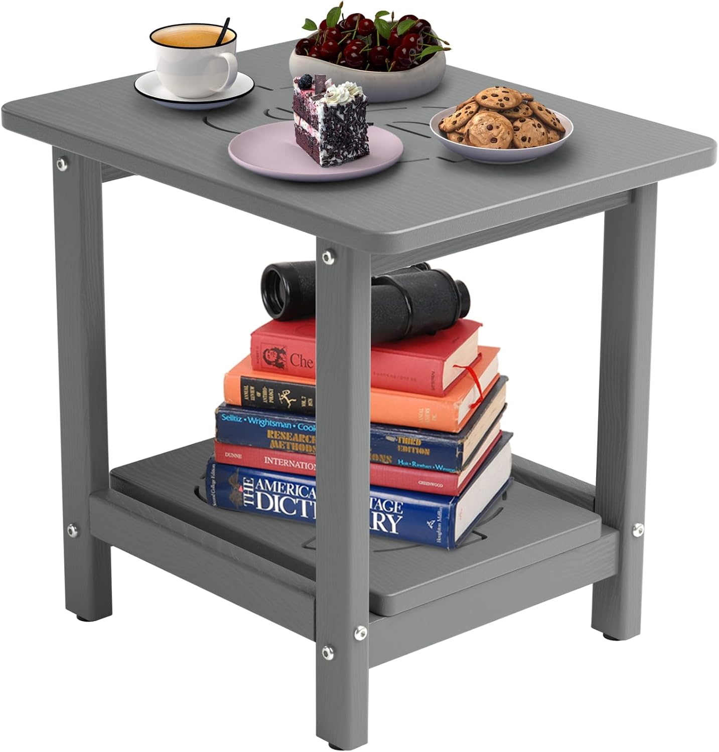 18.9x15x17.9in HDPE Outdoor Side Table, Weatherproof Small Outdoor Table for Adirondack, Patio, Porch, Balcony, Poolside (2-Tier, Grey) Grey 2-Tier