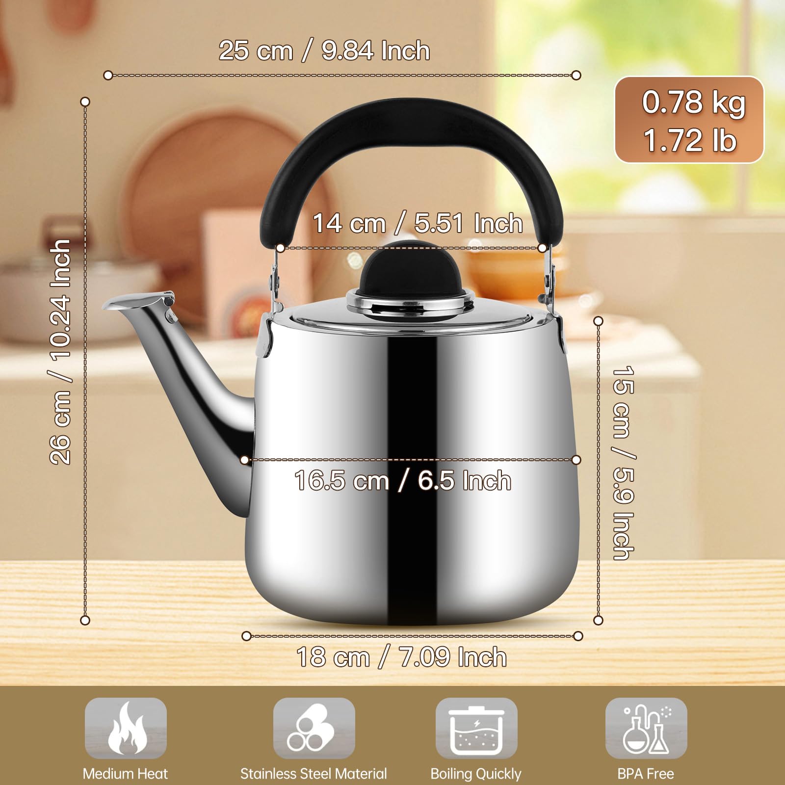 Hervidor de té, tetera silbante para estufa, tetera de acero inoxidable de 3 cuartos de galón, tetera de inducción para estufa (2.85 L, plateado)