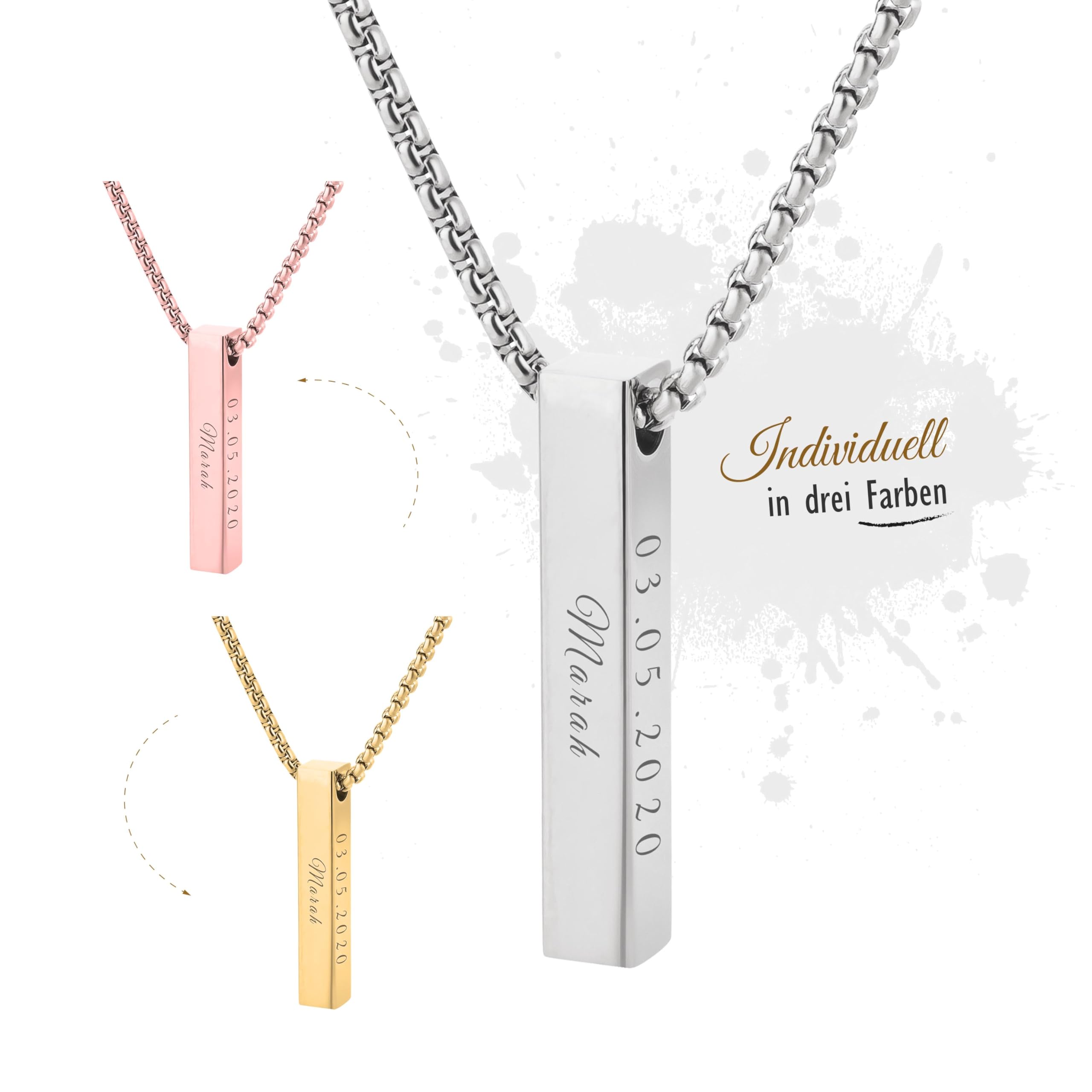 Stabanhänger mit Kette und personalisierter Gravur, Namen und Datum / Namenskette personalisiert mit Wunschgravur in Silber / Gold / Rosegold für Damen Frauen Herren / Halskette als personalisierte Geschenke