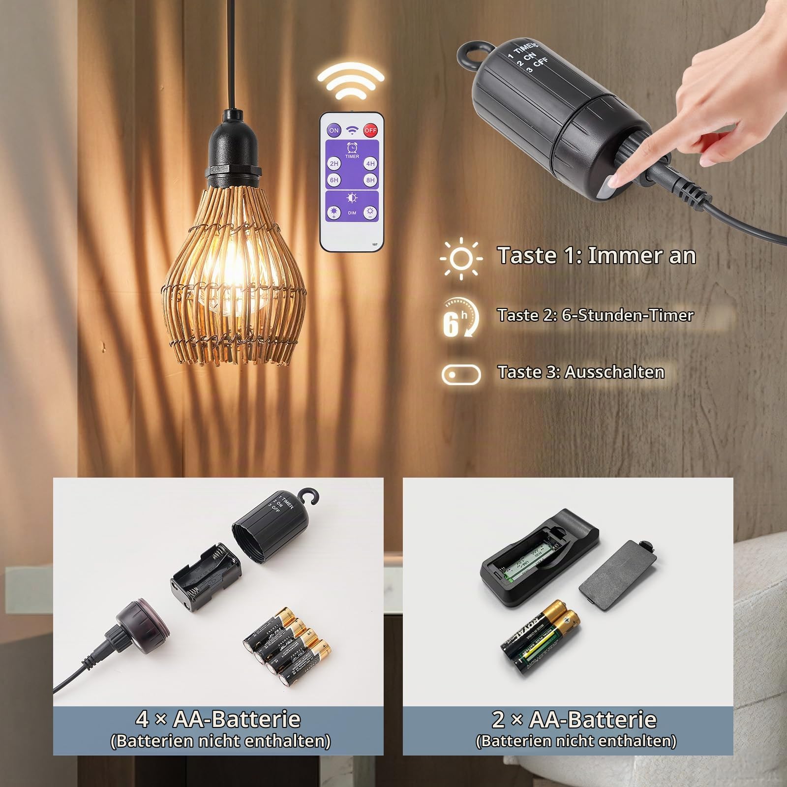 3er Pack Hängelampe Outdoor Akku, Boho Rattan Hängelampe mit Batterie Außen Wasserdicht Hängeleuchte Mit Fernbedienung Dimmbar Pendelleuchte ohne Strom für Zelt, Camping, Garten, Dekorative