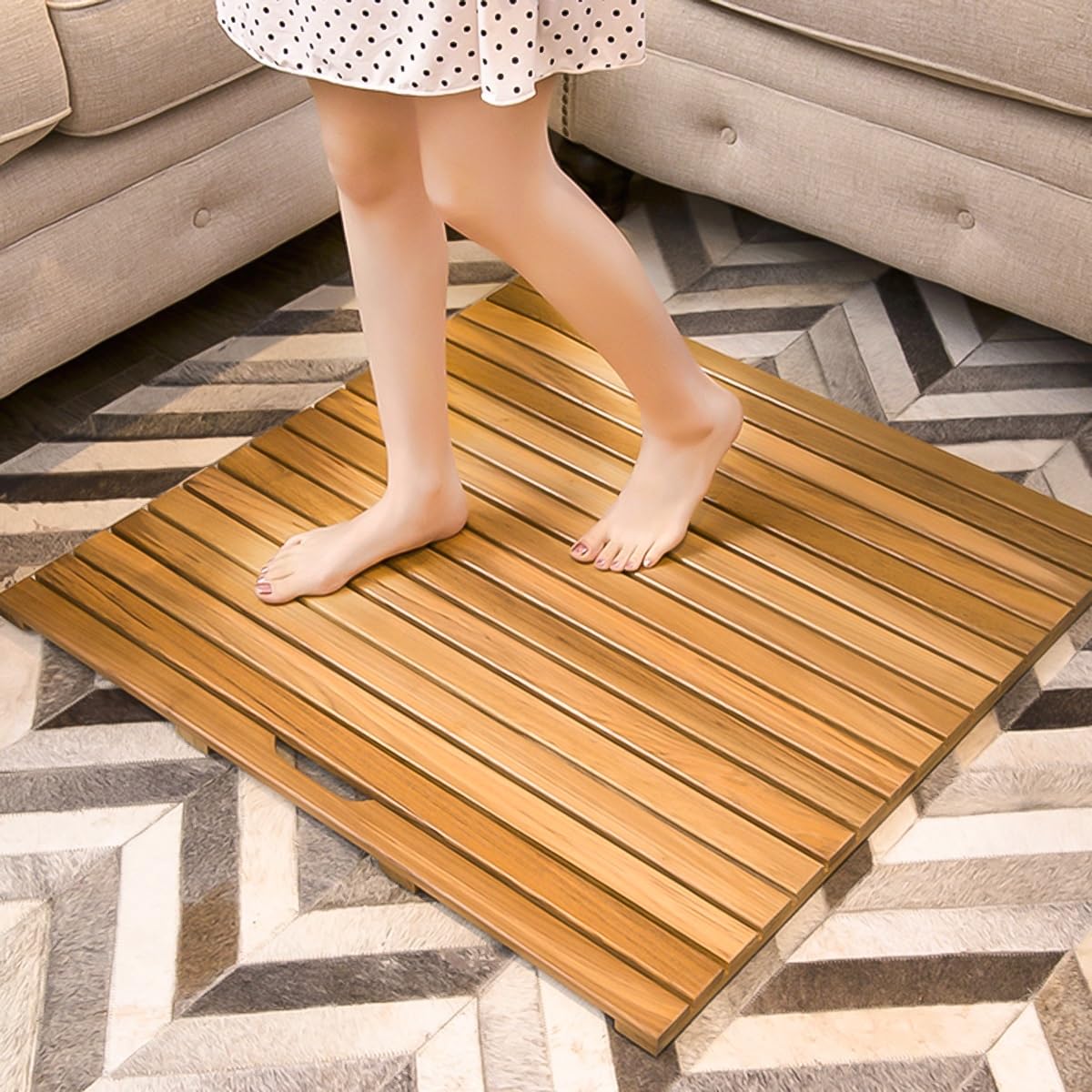 MESOVFCA Square Teak Shower Mat Customizable Wooden Bath Mat Large Elevated Waterproof Non Slip Shower Mats for Bathtub/Inside Outside Showers/Spa, 50x55cm/19.7x21.7in