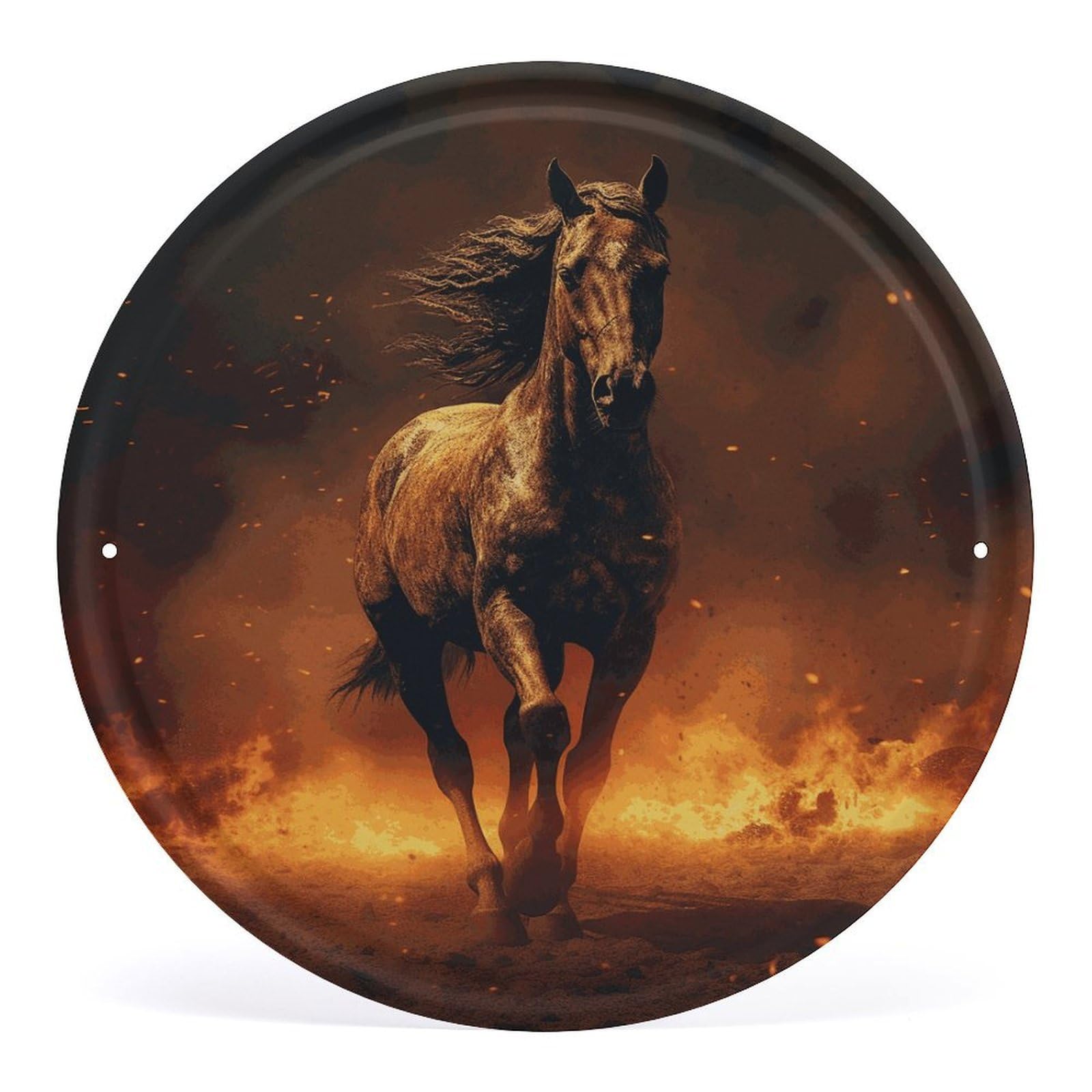 Fodpand Style Flame Horse Round Wall Art Hanging Decorations, Wall Decor Modern Minimalist Artwork, Tin Sign Hanging Picture For Living Room, Bedroom, Office, Hallway, 11.8X11.8 Inch