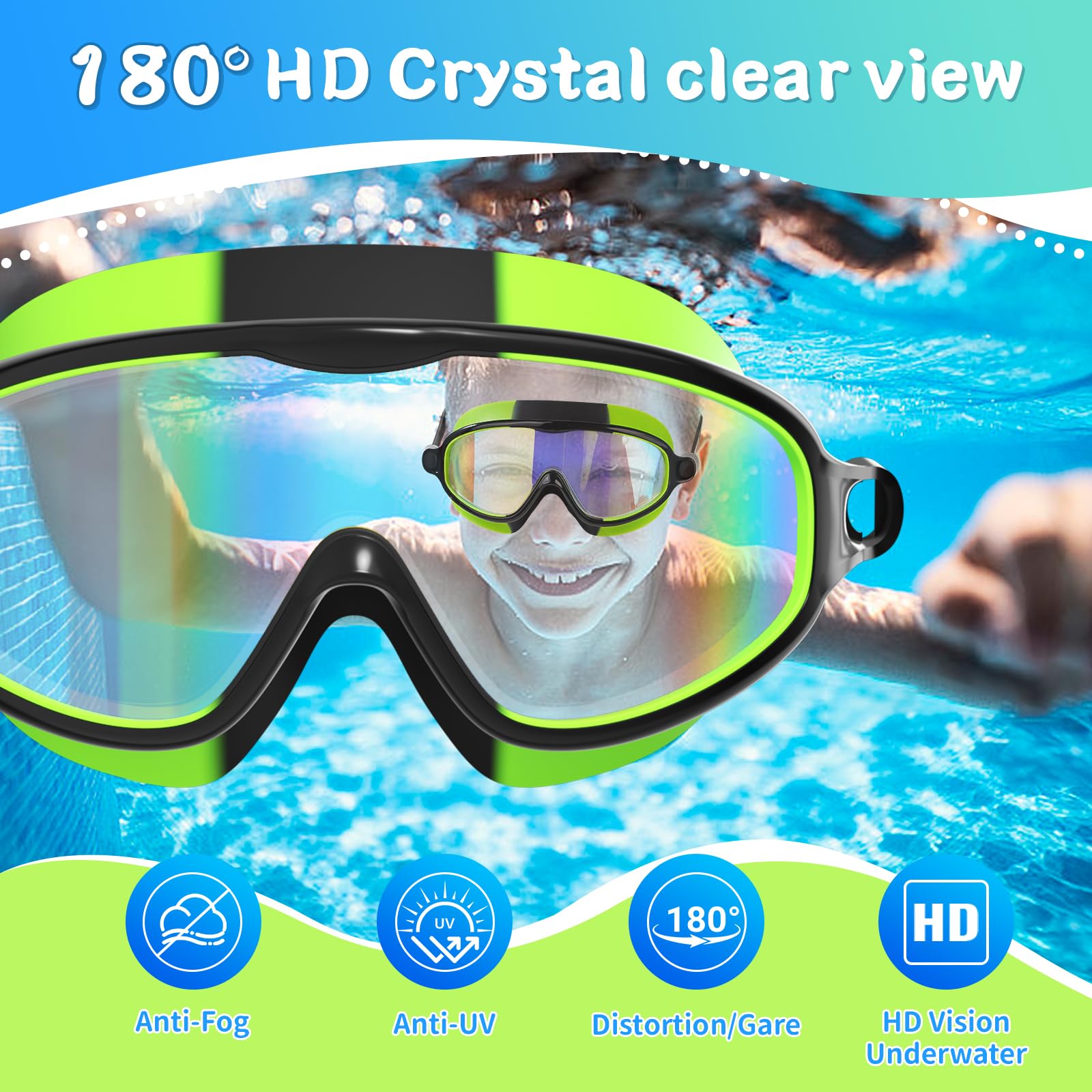 Paquete de 2 gafas de natación para niños, sin fugas, antivaho, anti-UV, para niños y niñas de 4 a 14 años